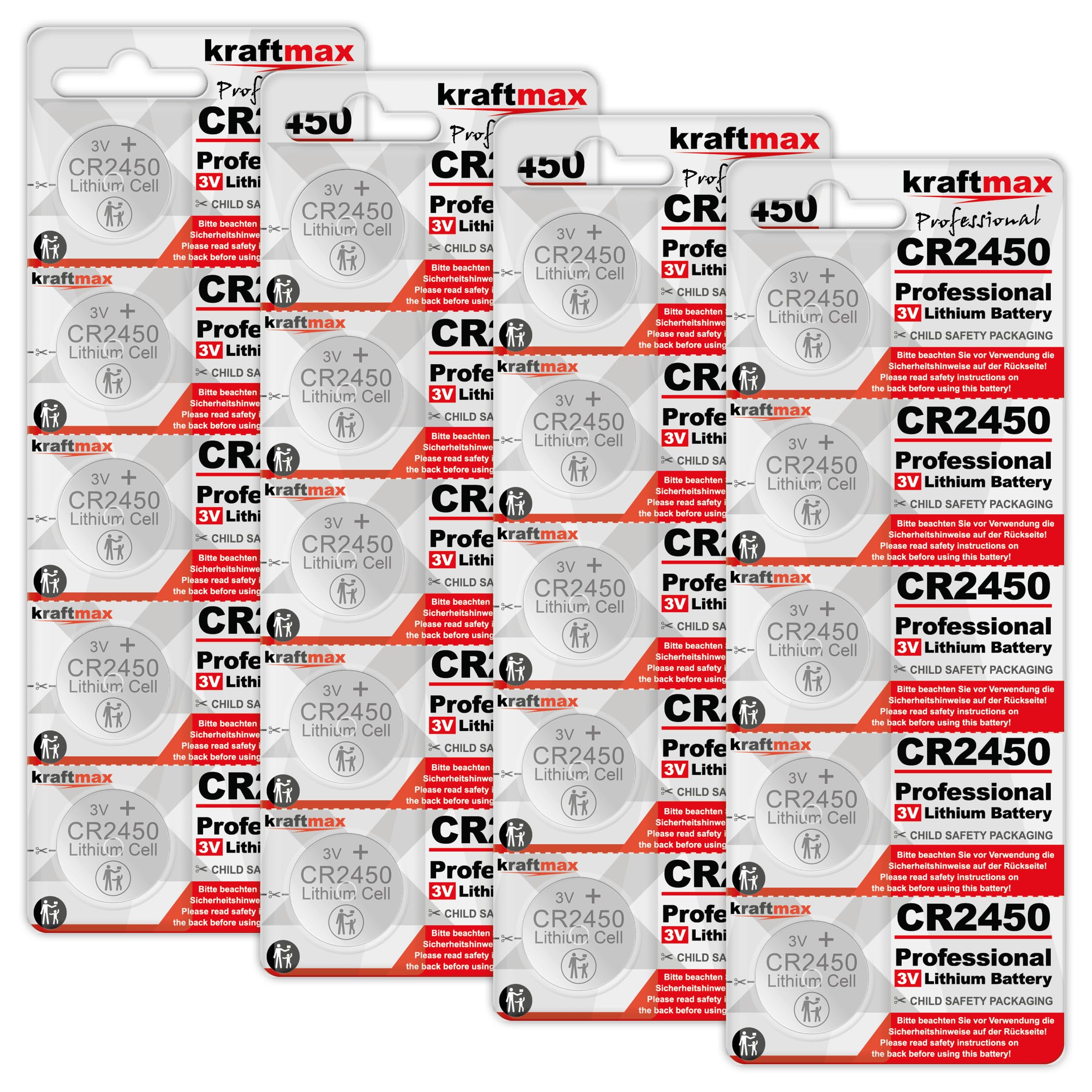 kraftmax Lot de 20 piles bouton CR2450 au lithium haute performance 3 V CR 2450 pour applications professionnelles
