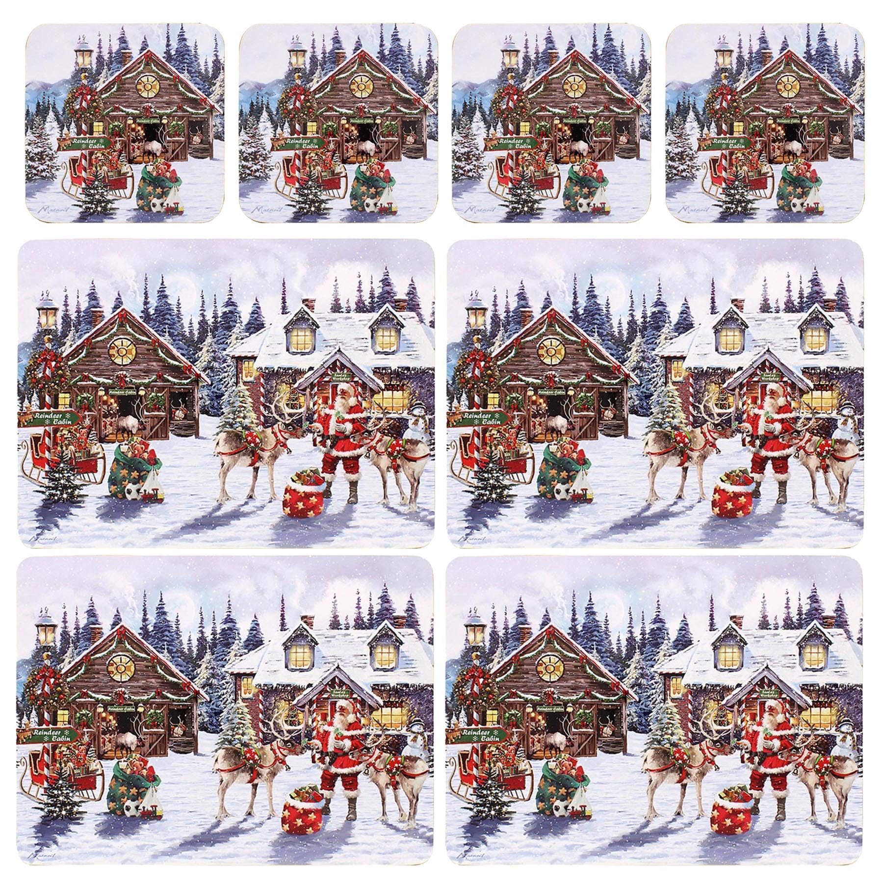 Widdle Gifts Multicolour Christmas Santa Workshop Design 8 Piece Tableware Placemat And Coaster Set Corked Back