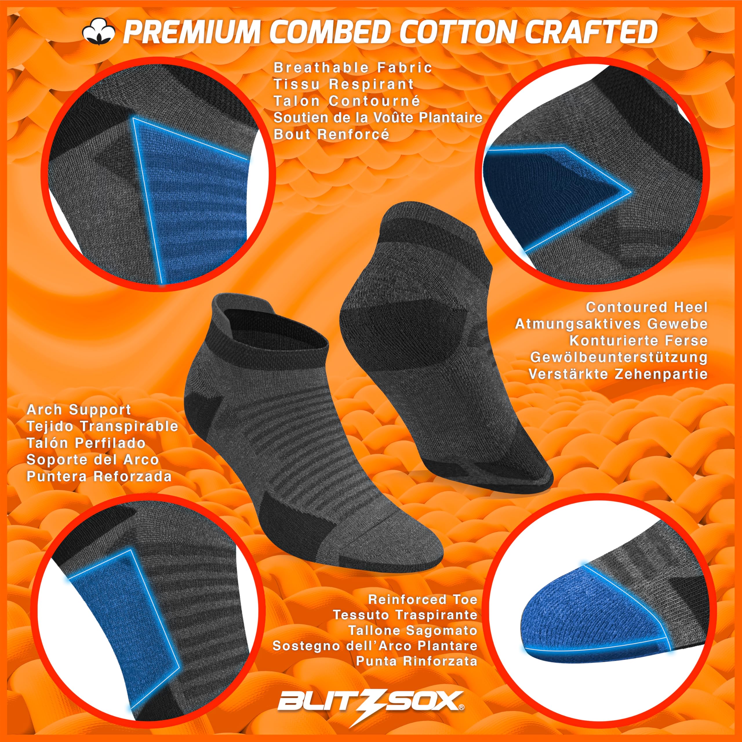 BLITZSOX Calzini Sportivi Uomo da Corsa Imbottiti Traspiranti Cotone Calzini Corti, Confezione da 6