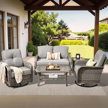 ovios 5-Piece Patio Furniture Set, Outdoor Wicker Sofa with Swivel Chairs Coffee Table, High Back Rattan Couch Loveseat with Comfy Cushions for Porch Yard Deck, Dark Grey