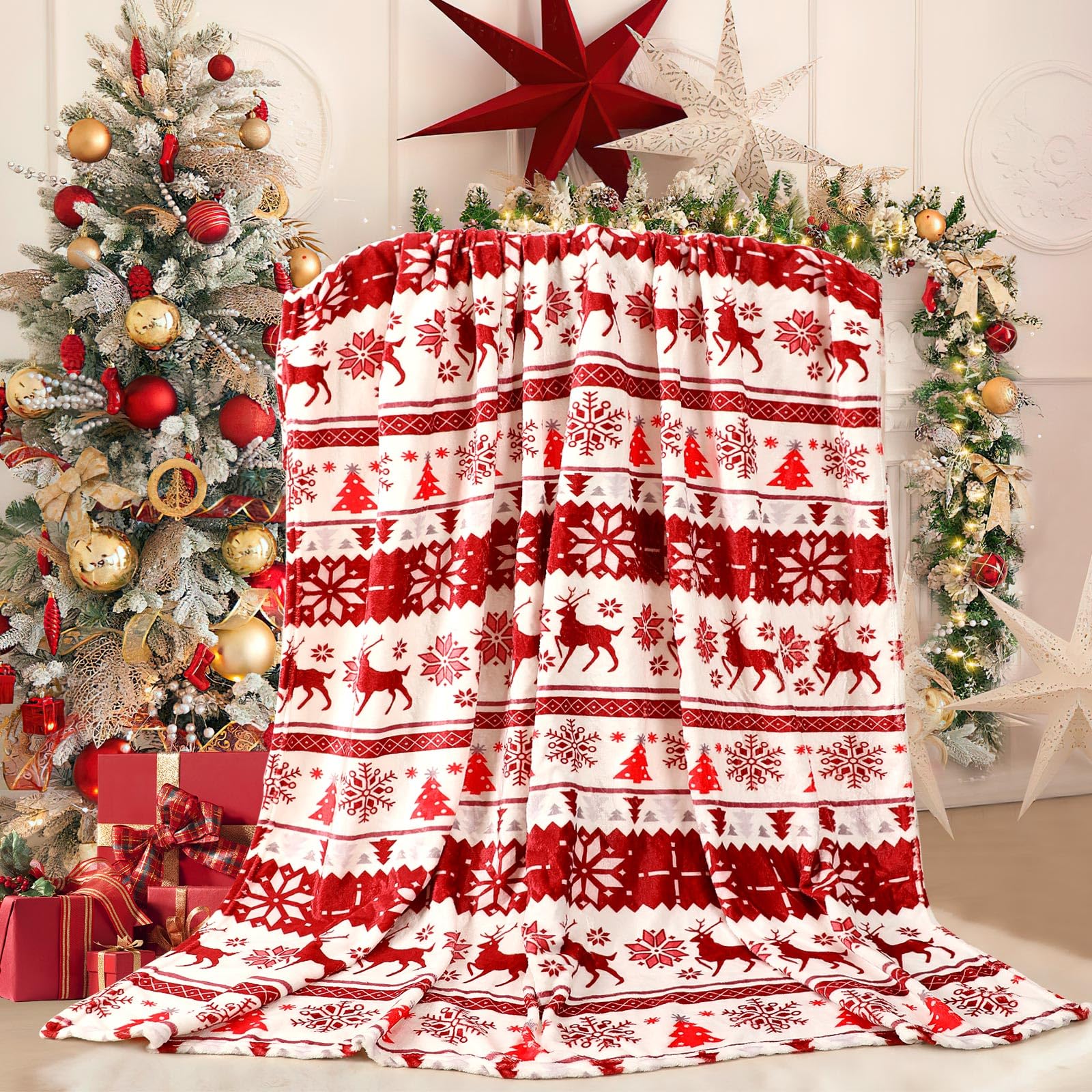 VOCOOLWinter Christmas Throw Blanket for Couch, Red Fluffy Super Soft Winter Snowflake Blanket Cozy Flannel Microfiber Xmas Prints Holiday Blankets and Throws for Bed Sofa Gifts, 50" x 60"