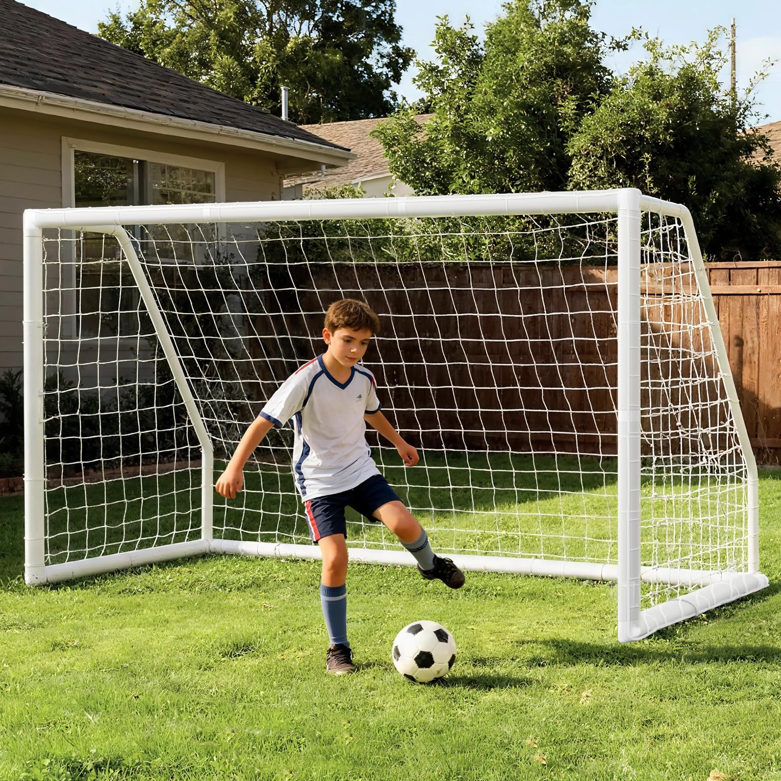MOPHOTO Football Goal for Backyard, 6x4ft/8X6ft/10X6.5ft/12X6ft PVC Football Goal with Training Cones & Target Net, Lightweight Football Practice Net for Teens