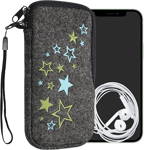 kwmobile Bolsa de fieltro para teléfono, tamaño L, 6.5 pulgadas, bolsa universal con cremallera y diseño bordado, Star Mix verde claroazulgris oscuro