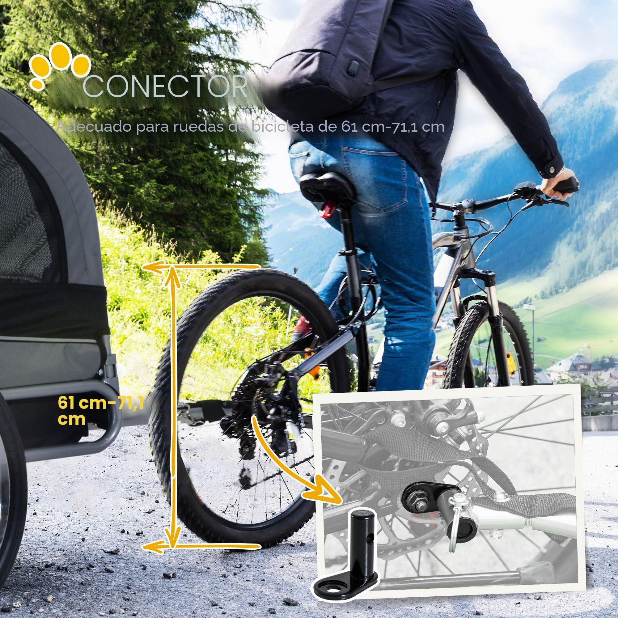 PawHut Remolque Mediano para Bicicleta de Perro con Ventanas Laterales y Bandera, Remolque para Bicicleta de Acero y Tela Oxford, 130x73x90 cm, Gris y Negro