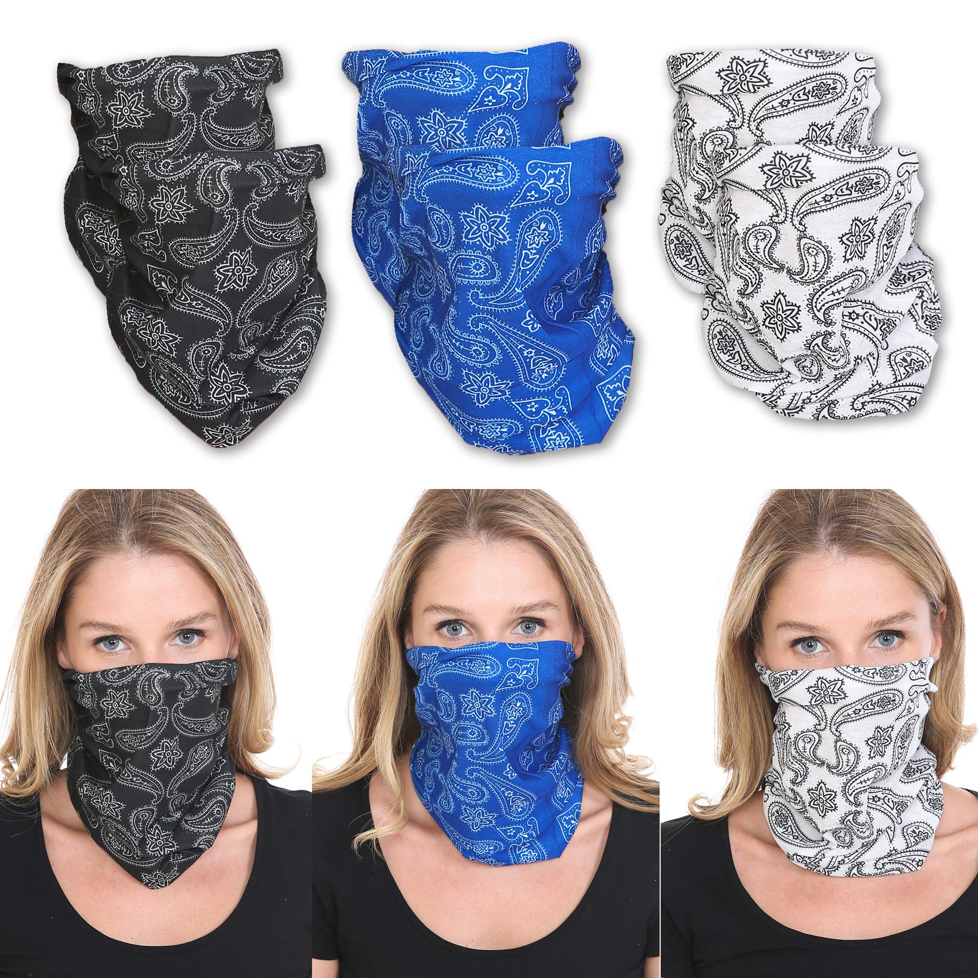 Triple9-6 Pack Neck Gaiter, Balaclava Cooling Breathable Face Mask UV Protection Scarf Hiking Bandana for Men/Women (6PK Blue Paisley)