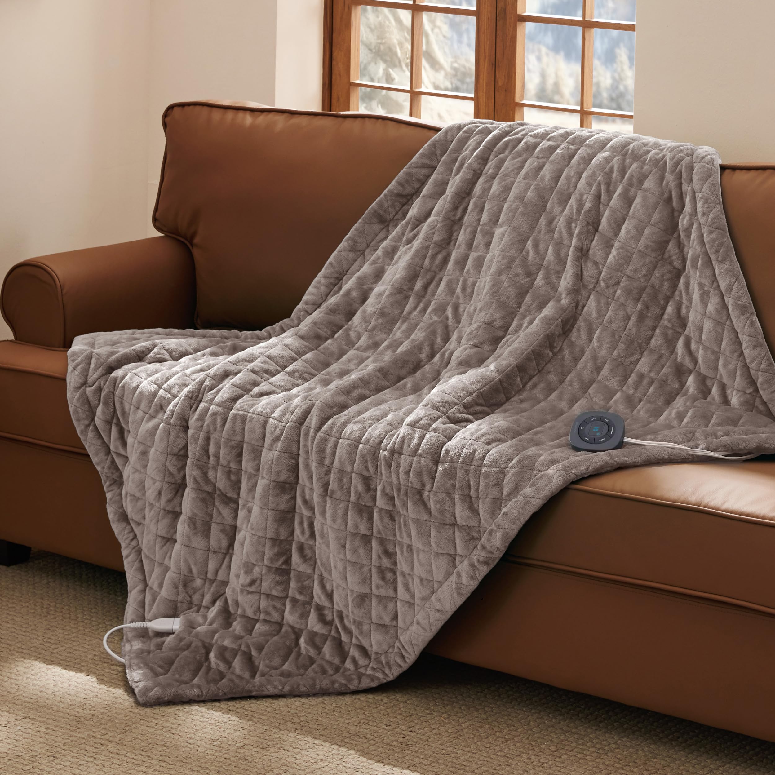 Bedsure Quilted Heated Throw Blanket, Warm Filled Electric Blanket, Taupe