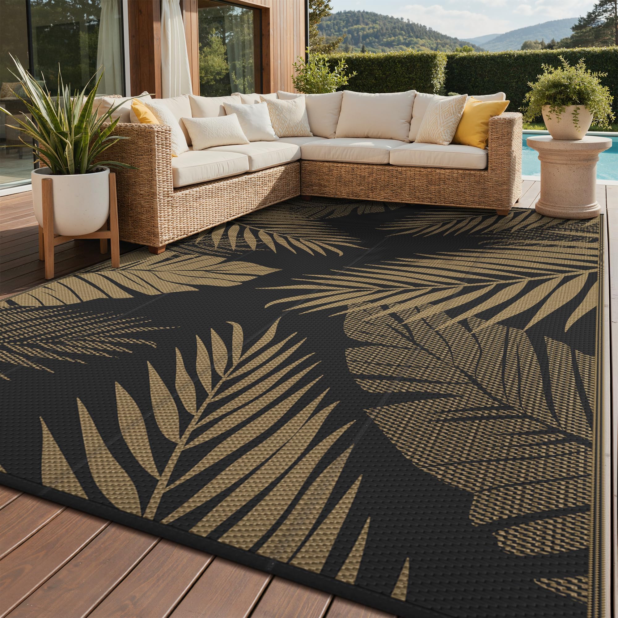 Outdoor Rug, Waterproof Plastic Rugs for Patio, 9'x12' Black Brown