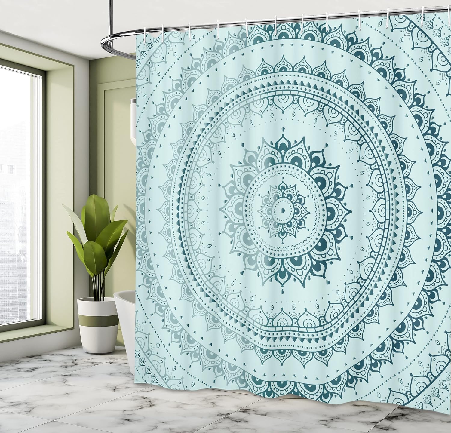 Ambesonne Mandala Shower Curtain, Circle Universe and Cosmos Esoteric Oriental Flower Pattern of Image Print, Cloth Fabric Bathroom Decor Set with Hooks, 69" W x 70" L, Pale Turquoise