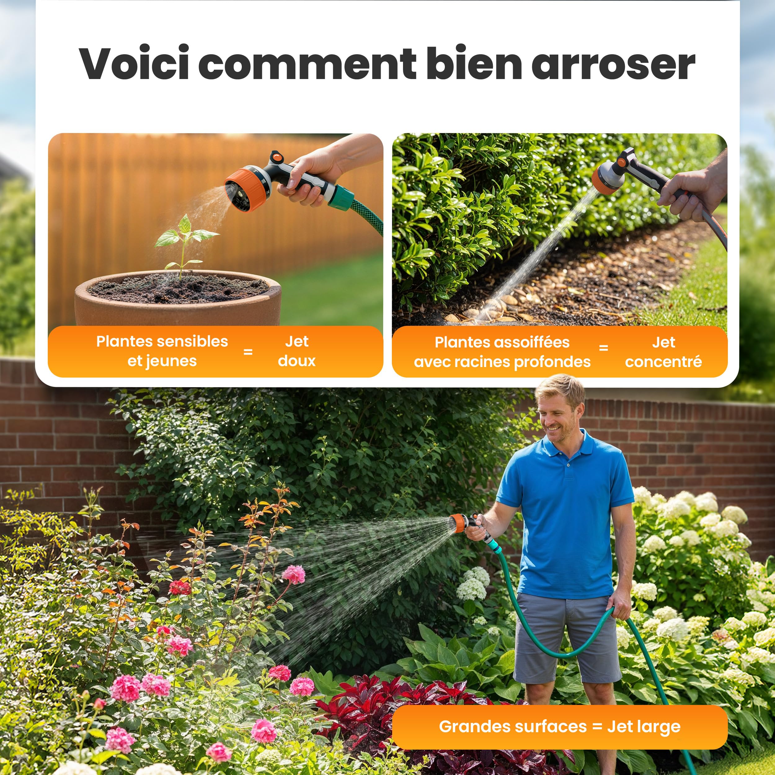 rainfactory pistolet arrosage - douchette jardin multifonction avec 10 modes de pulvérisation, haute pression et poignée ergonomique - lance arrosage avec embout tuyau 3/4" en laiton