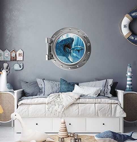 Miniatura 2 de Calcomanía de pared de dinosaurio jurásico de 24 pulgadas, vista instantánea de la ventana del mar, mosasaurio de ojo de buey plateado, decoración