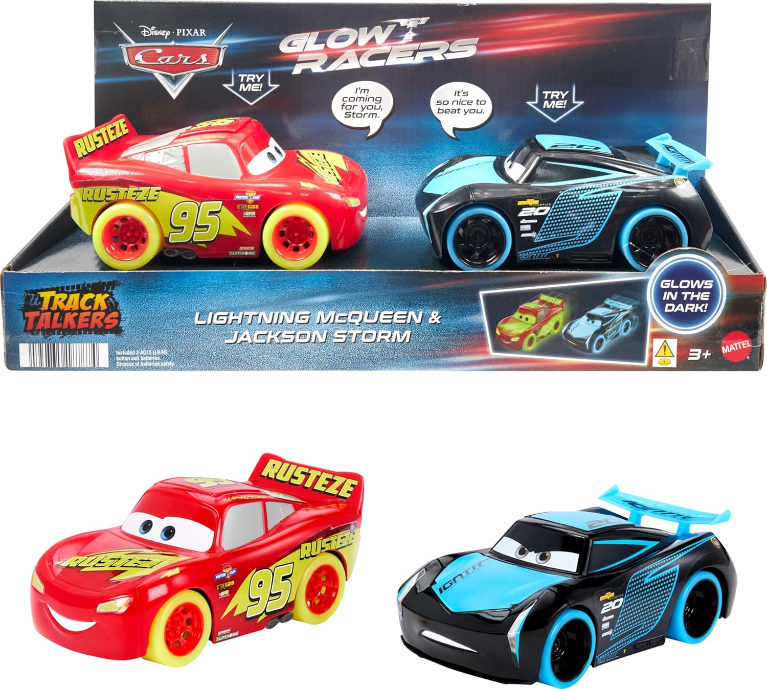 Mattel Disney Pixar Cars Track Talkers Glow Racers Lightning McQueen & Jackson Storm - 2pk