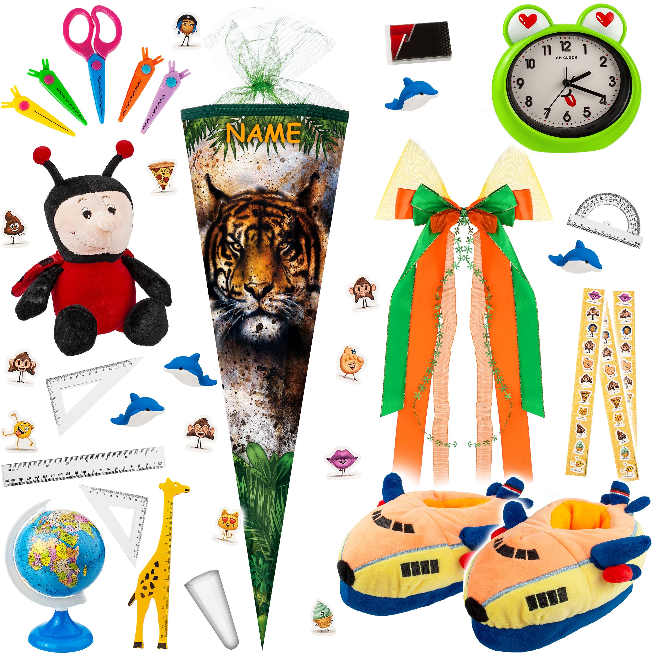 alles-meine.de GmbH Schultüte - mit Glitzer Effekt ! - Tiger/Dschungel Tiere 35-85 cm Größe wählbar inkl. komplette Füllung + Name + Bänder Schleife + Kunststoff Spitze..