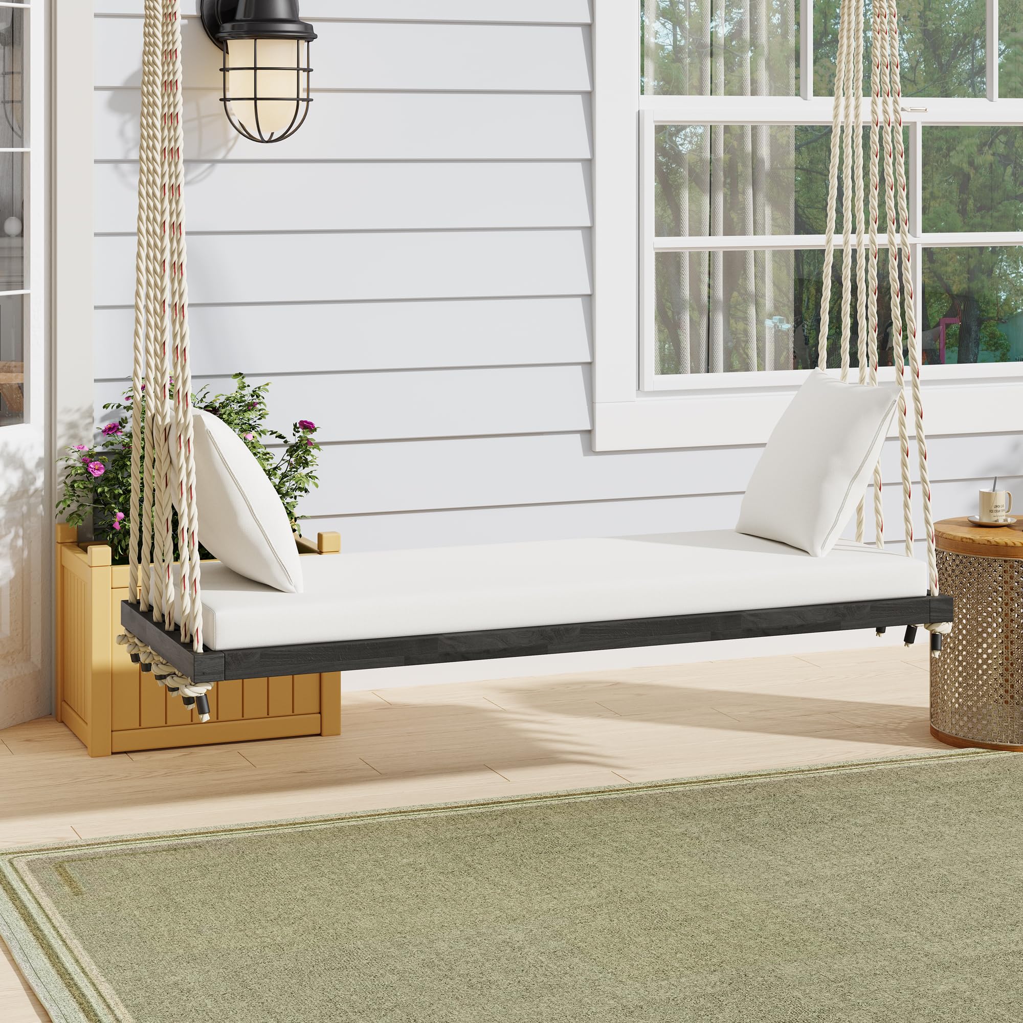 Outdoor Patio Wooden Swing Chair,2 Seater Hanging Porch Swing Bench with Cushions and Pillows,10.8ft Hemp Rope,400lbs Weight Capacity,Suitable for Garden,Backyard,Lawn (Gray)