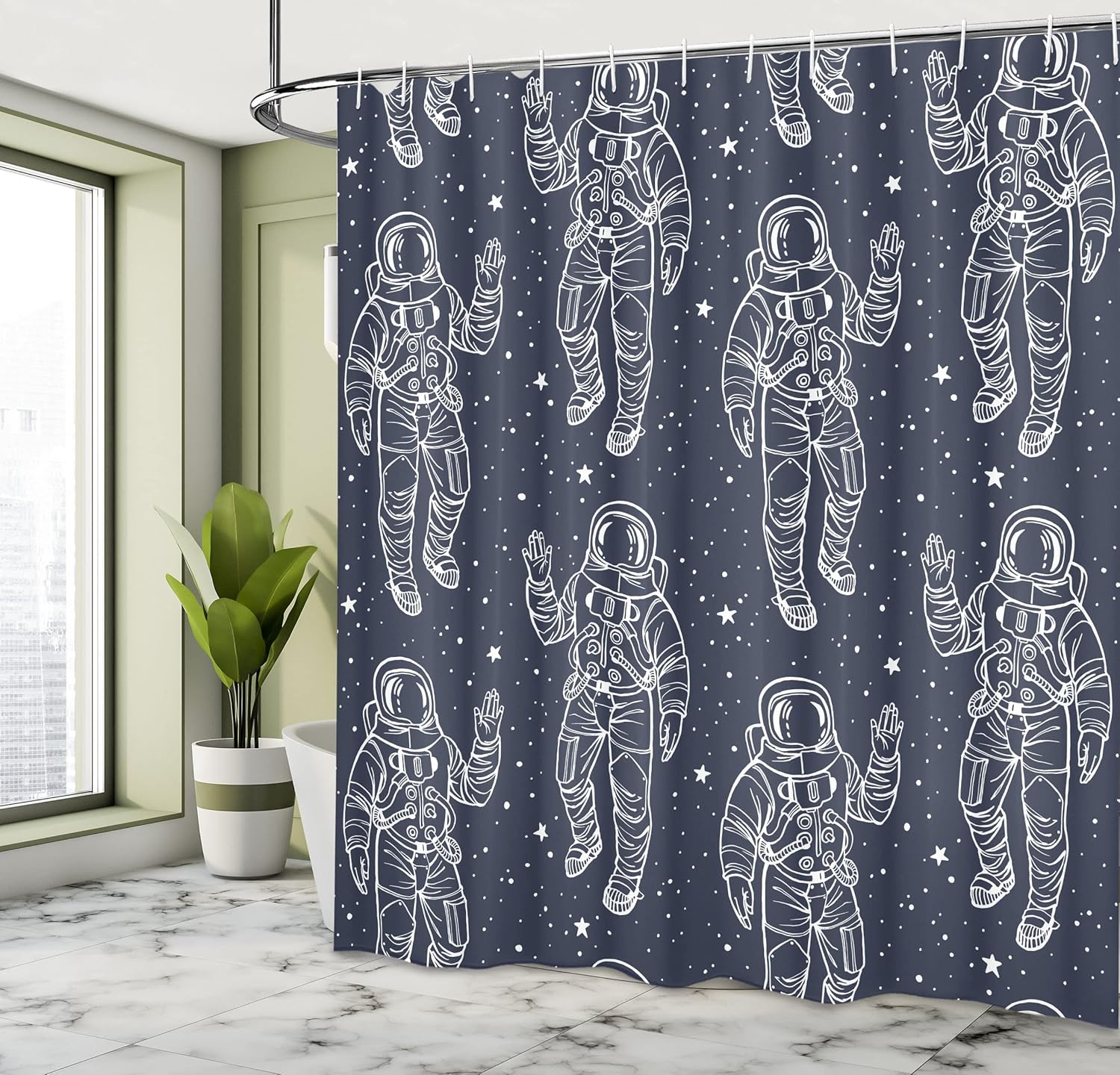 Ambesonne Outer Space Shower Curtain, Sketchy Astronaut in The Sky and Stars Cosmic Spacesuit with Raised Hand Salute Work of an Art, Cloth Fabric Bathroom Set with Hooks, 69" W x 75" L, Blue White