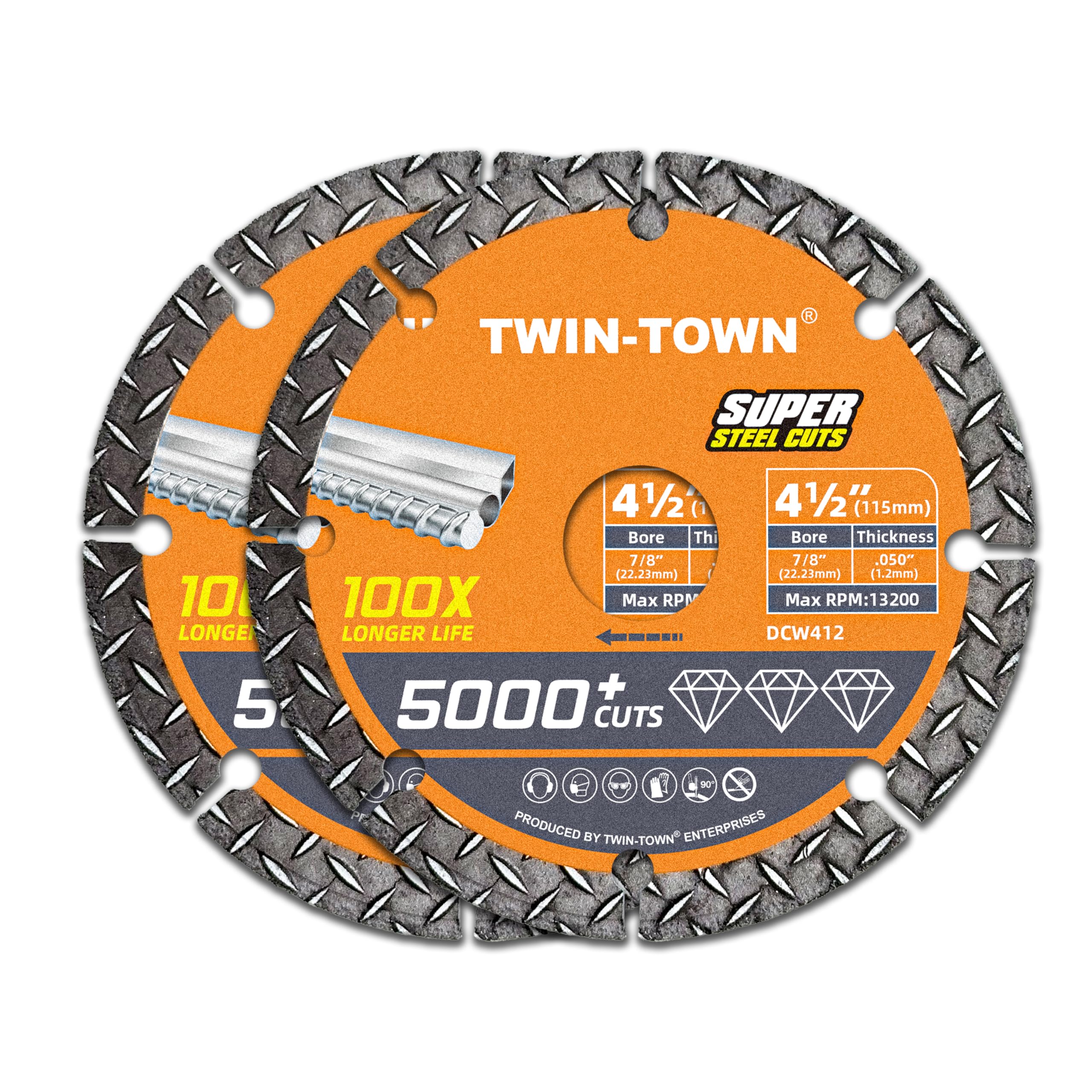 TWIN-TOWN 4 1/2" Diamond Cutting Wheel with 7/8" Arbor, Metal Cut Off Wheel, Carbide Cutting Wheel for Angle Grinder, 5000+ Cuts on Rebar, Steel, Iron