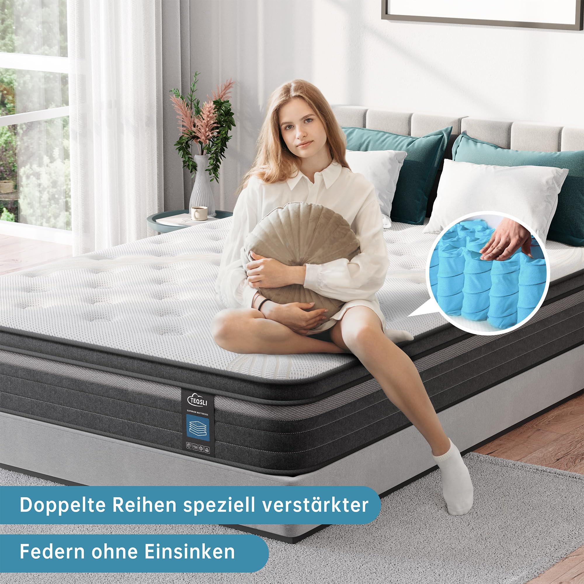 TeQsli Gel Taschenfederkernmatratze 140x200 cm 25 cm Höhe H3 Härtegrad, Ergonomische 9-Zonen Matratze, Orthopädische Federkernmatratze mit Gel-Memory-Schaum, Öko-Tex & CertiPUR Zertifiziert