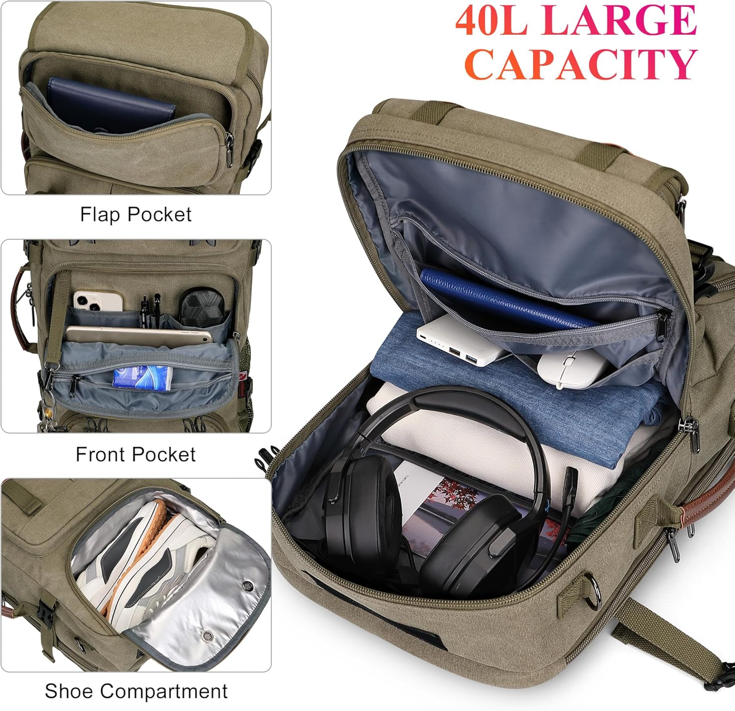 WITZMAN Travel Backpack for Men 40L Large Carry-on Airline Approved Convertible 3 in 1 laptop Bags Fit 17 inch(A8013 Army Green) - Image 3