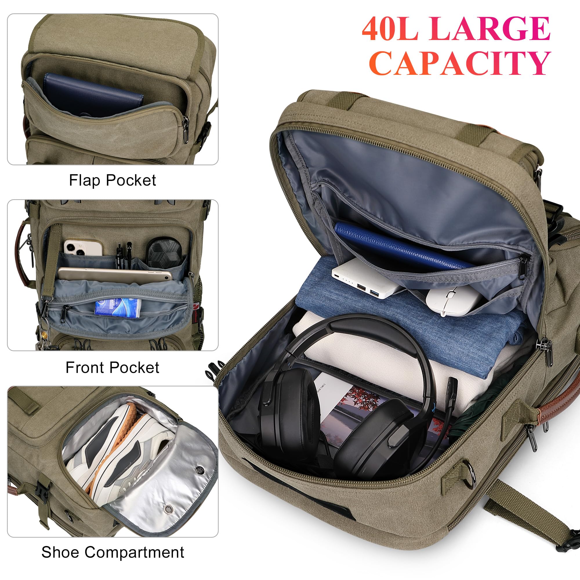 WITZMAN Canvas Reiserucksack Herren 40L Vintage 3-in-1 mit Laptopfach | USB-Anschluss, mehrere Fächer und flexible Tragemöglichkeiten, ideal für Reisen, Arbeit und Kurztrips, A8013 Armeegrün