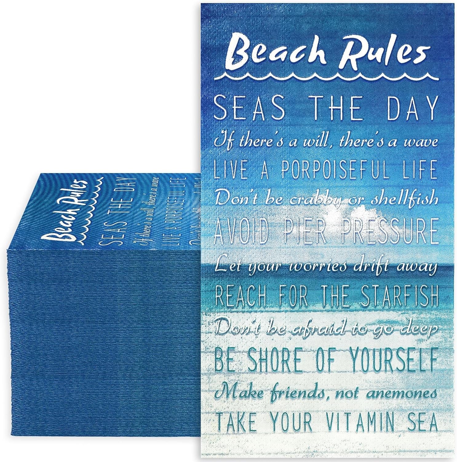 AnyDesign 100 Pack Beach Rules Guest Napkins Summer Coastal Disposable Paper Napkin Blue Sky Sea Words Hand Towels for Wedding Celebration Table Decor Supplies