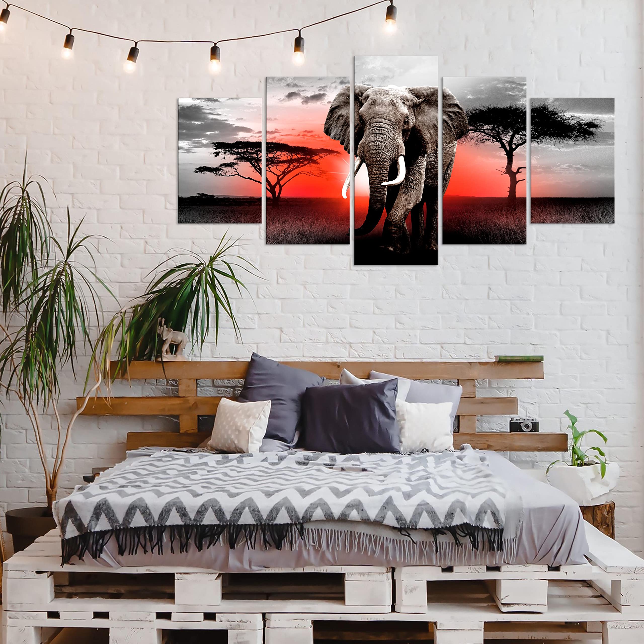 decomonkey Quadri Moderni Soggiorno Africa Animali, 5 pezzi, 200x100 cm | Tela strutturata su telaio in legno, decorazione da parete, paesaggio, natura, Quadro Stampa su Tela