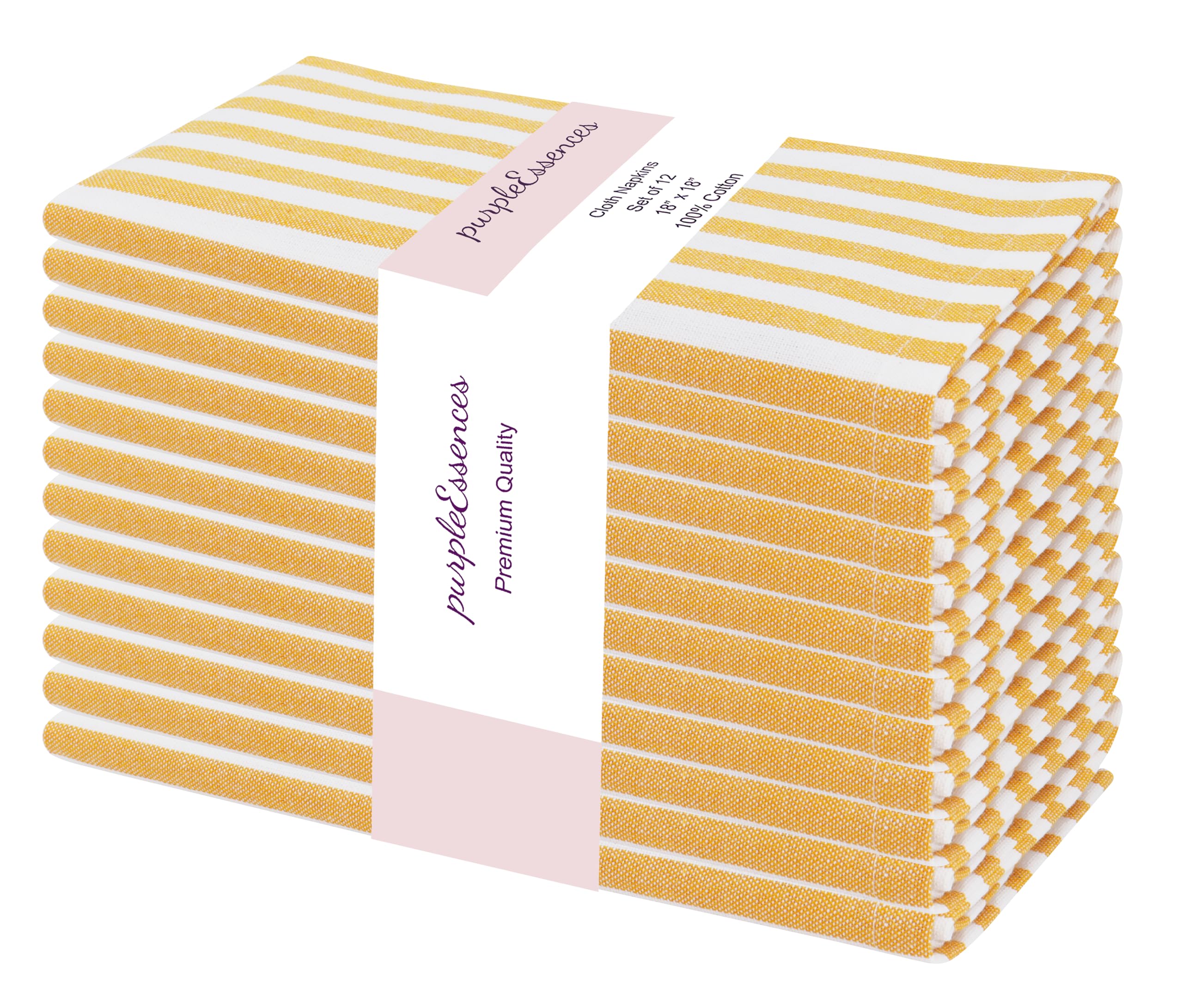 PurpleEssences Plain Striped Cloth Napkins - Set of 12-100% Cotton - 18 x 18 Inch - Spring Summer Easter - Perfect Everyday Use Dinner Napkin - Golden Yellow White