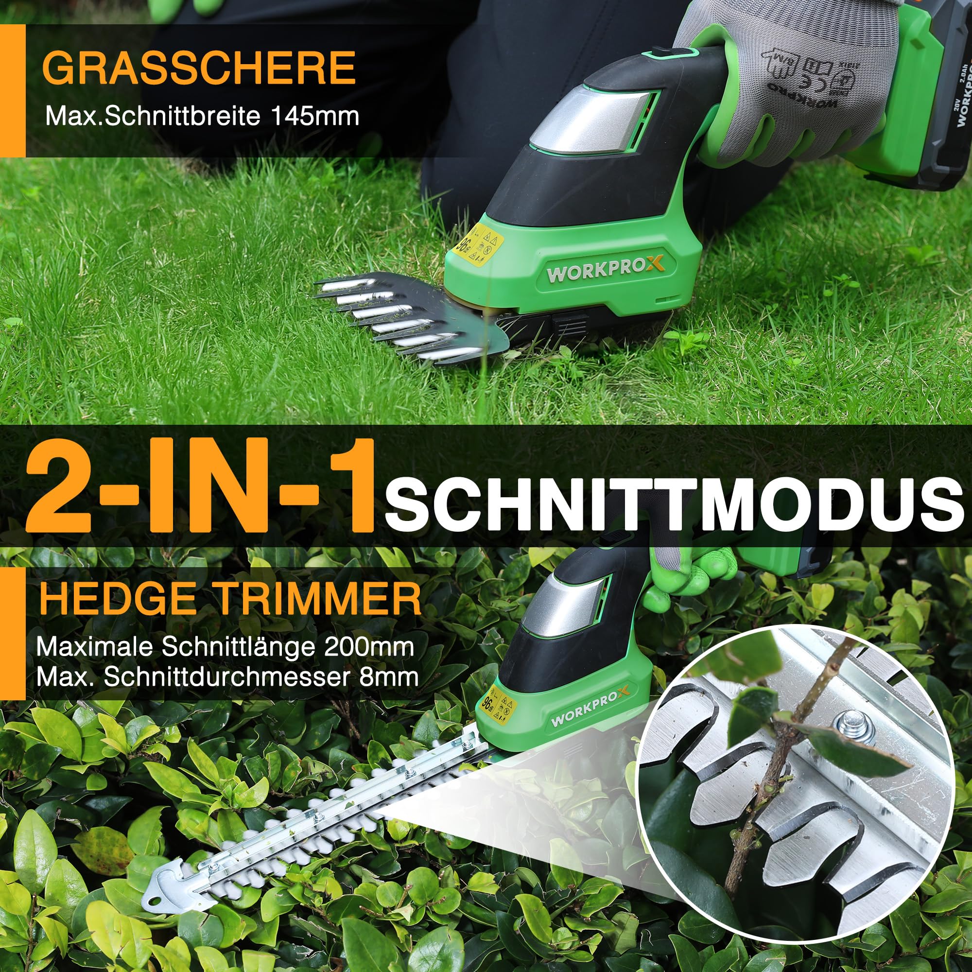 WORKPROX 20V Heckenschere Akku, 2-in-1 Elektrische Gartenschere mit 2 Messern, 2Ah Akku mit PowerBank Funktion & Typ-C Ladekabel, Strauchschere Schnittlänge 20cm, Grasschere Schnittbreite 14,5cm