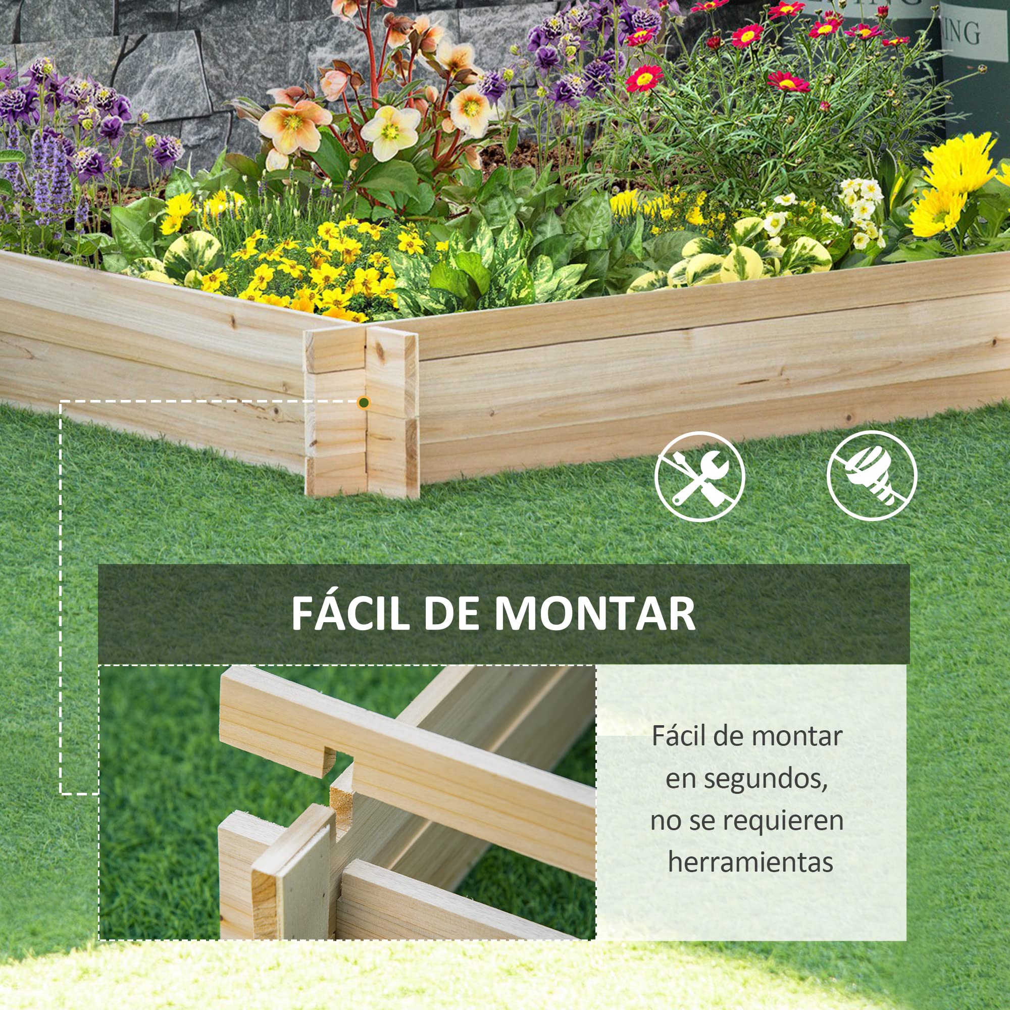 Outsunny Huerto Urbano Arriate de Madera de Jardín Cuadrada Jardinera Macetero para Cultivos Plantas Flores Hierbas Terraza 100x100x16 cm Natural