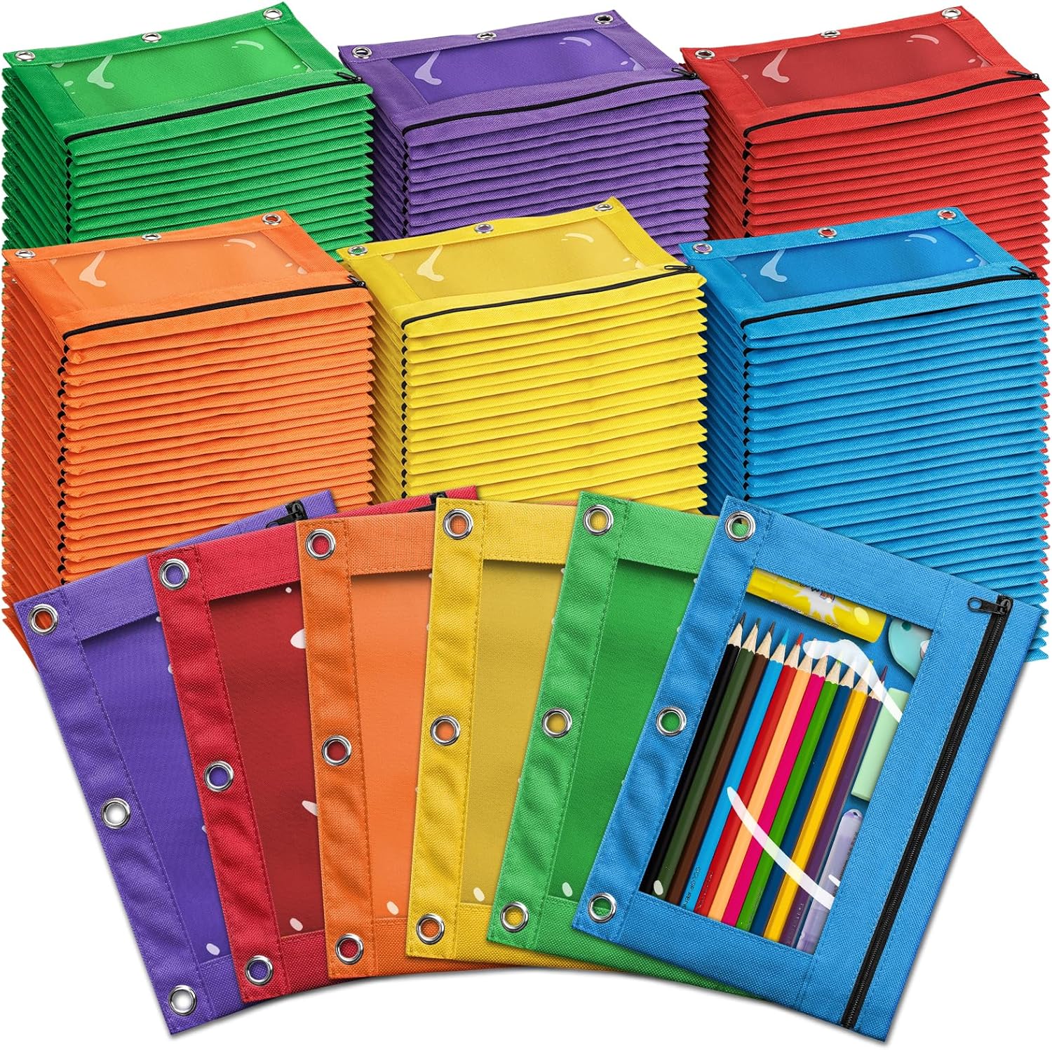 V-Opitos 72 Packs Pencil Pouch for 3 Ring Binder, Bulk 3-Holes Zipper Pencil Pouches in Assorted Colors, Sturdy and Durable Cloth Pencil Case with Clear Window for Office School College Supplies