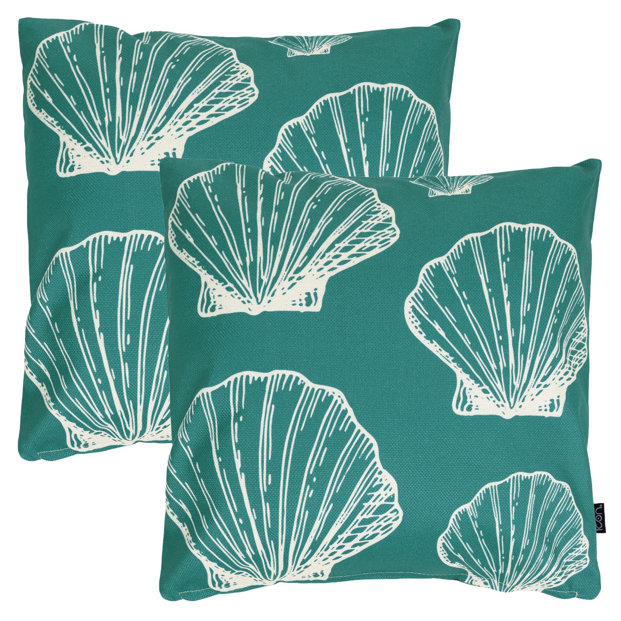 icon Indoor Outdoor Cushions Filled, Summer Collection, Large Seashell, Set of 2, 43cm x 43cm, Water Resistant, Green Outdoor Cushions for Garden Furniture, Lounge, Garden, Patio