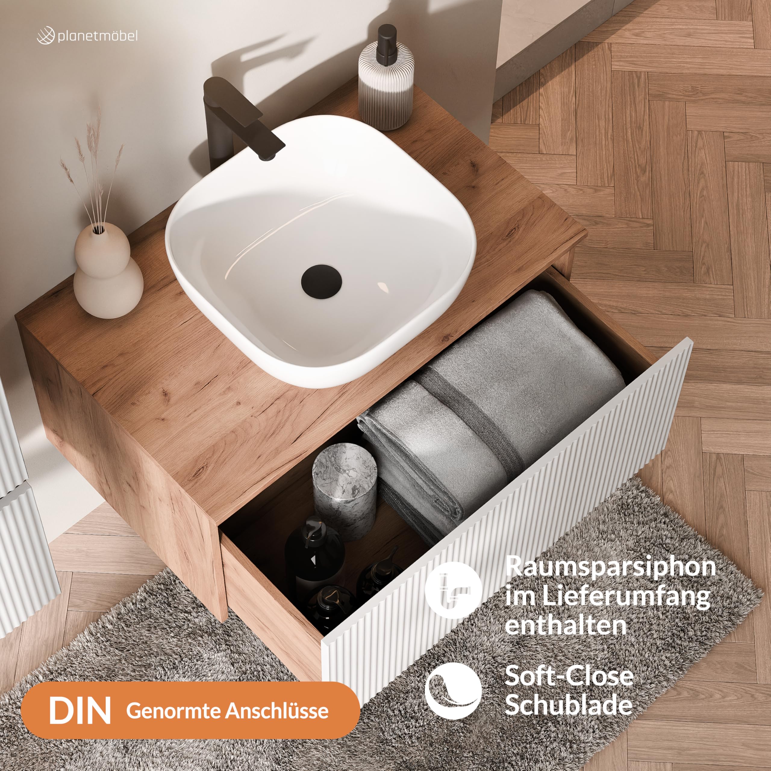 Planetmöbel Arisa - Conjunto de muebles de baño con mueble de 80 cm, color roble dorado blanco (acanalado) con espejo NOVA, lavabo de 42 cm, color: Blanco