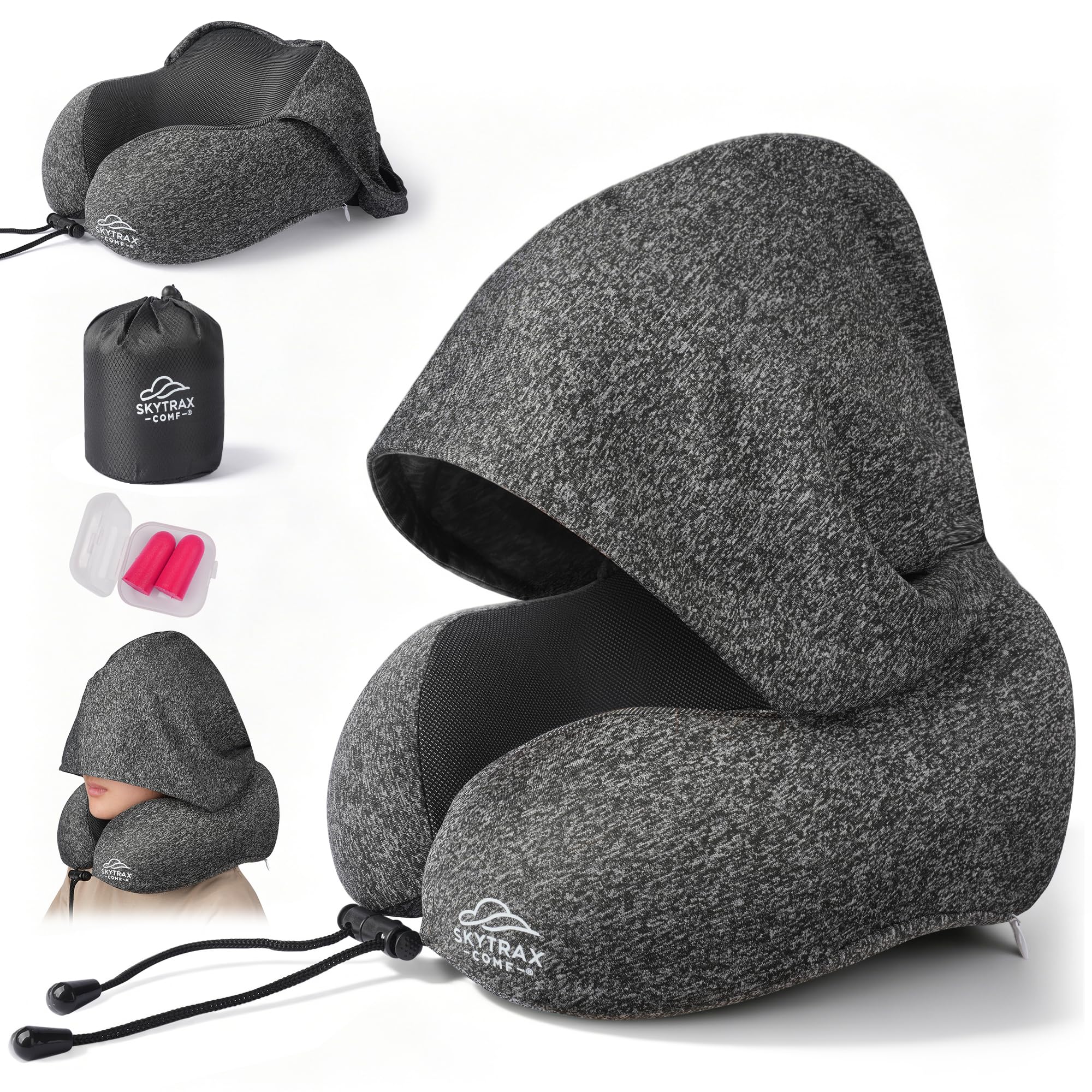 SkytraxComf® Almohada de viaje con capucha para privacidad en vuelos largos
