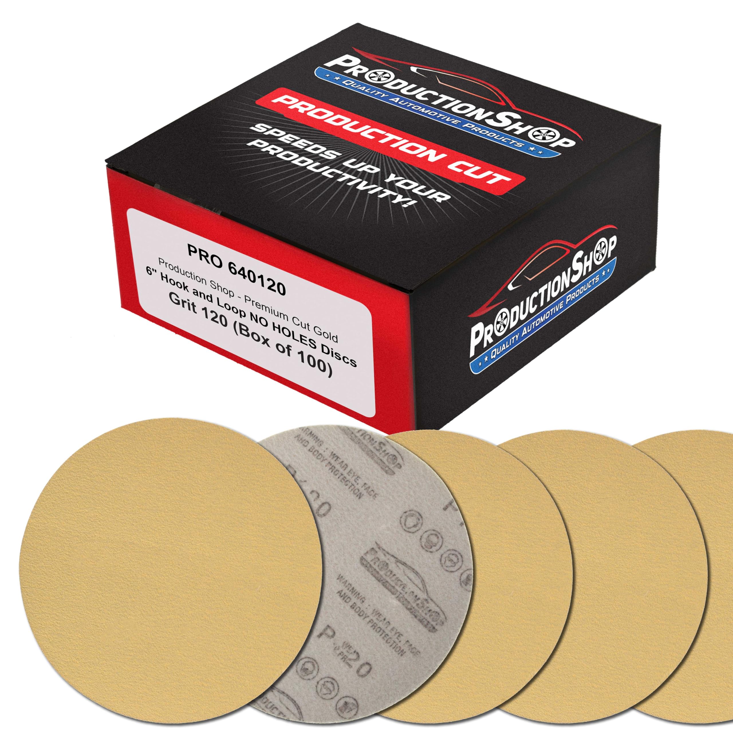 ProductionShop Discos de lija dorados de grano 120 de 6 pulgadas, caja de 100 unidades, papel de lija abrasivo con respaldo de velcro para lijadoras orbitales DA y aleatorias, pintura automotriz de