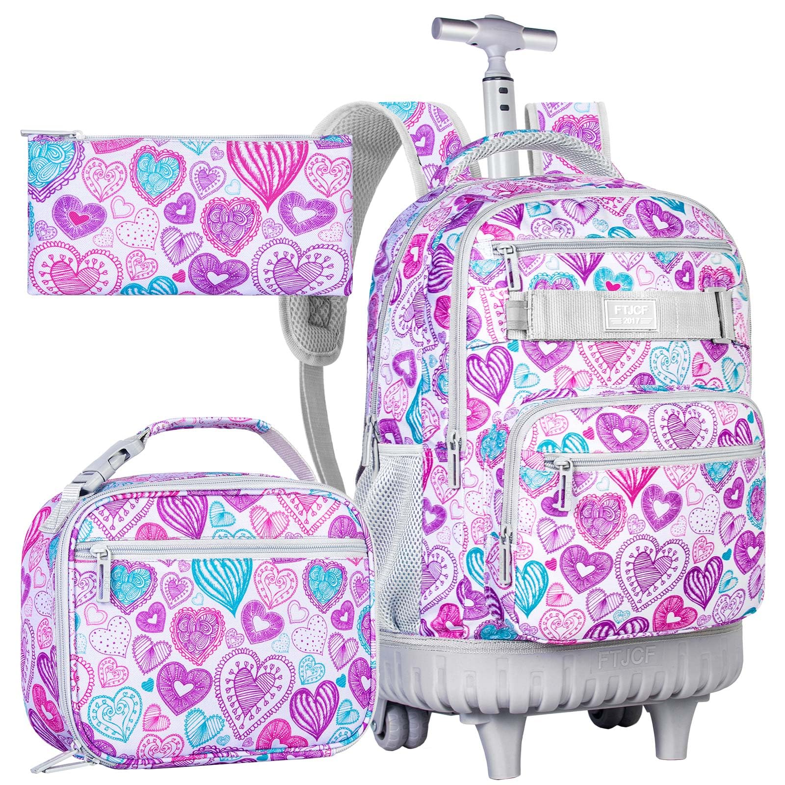 FTJCF 3pcs Rolling Backpack for Girls, 19 Inche Adult Bag with Roller Wheels, Wheeled Bookbag Set for Women - PinkGrey