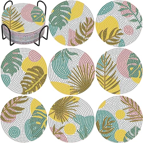 Posavasos de diamante para bricolaje con soporte, posavasos de diamantes bohemios, kits de pintura de hojas coloridas para adultos, kits de