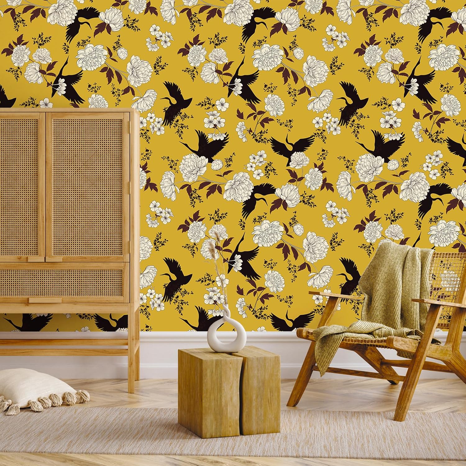 VEELIKE Yellow Floral Wallpaper Peel and Stick Vintage Chinoiserie Crane Bird Wallpaper for Bedroom Bathroom 17.7''x118'' Removable Prepasted Yellow Contact Paper for Cabinets Drawers Walls