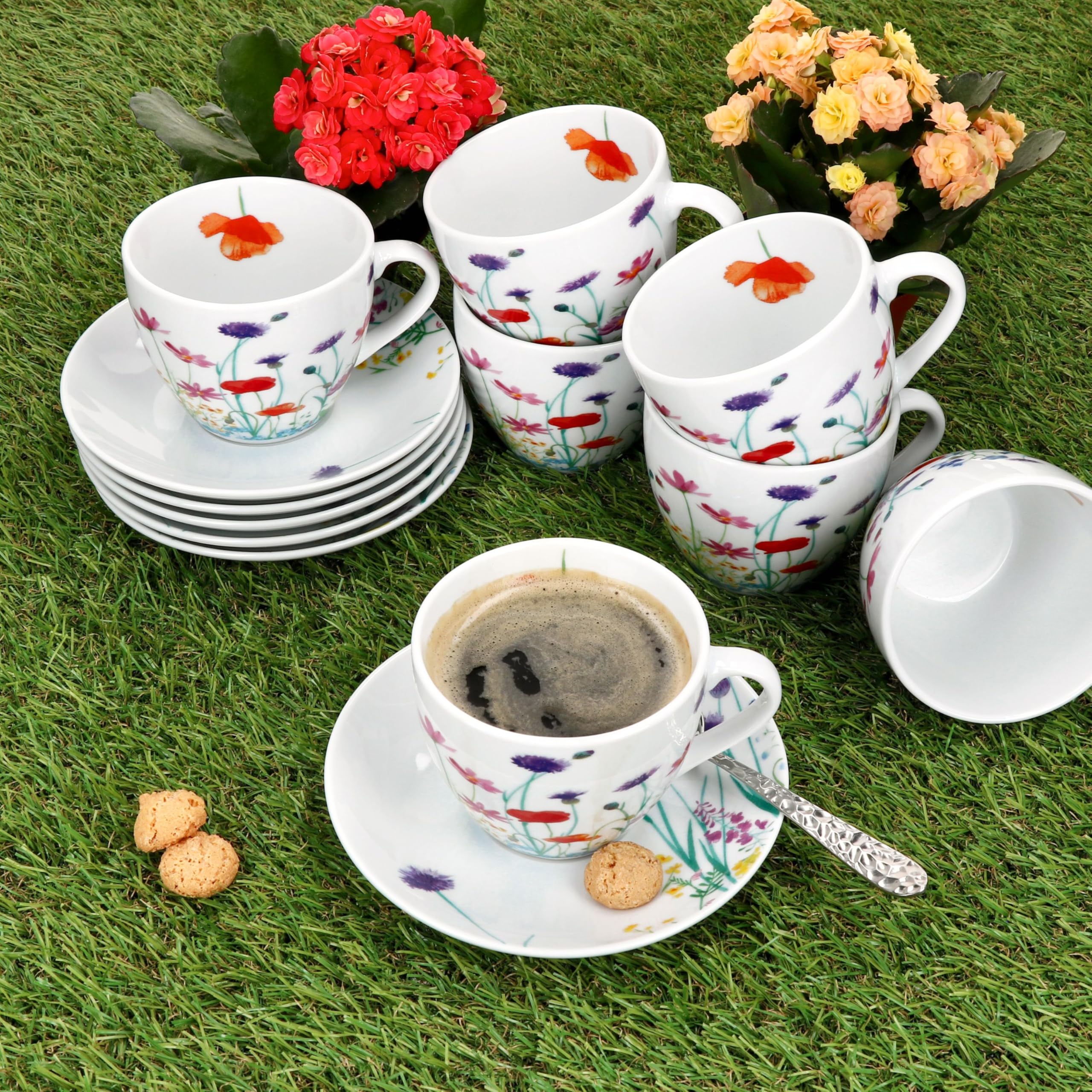 MamboCat Marie 18-delig koffieservies, porseleinen servies met bloemenweide-decoratie voor 6 personen, 6 x kopjes van 190 ml, schoteltjes en borden voor ontbijt en koffie MamboCat Marie 18-delig koffieservies, porseleinen servies met bloemenweide-decoratie voor 6 personen, 6 x kopjes van 190 ml, schoteltjes en borden voor ontbijt en koffie
