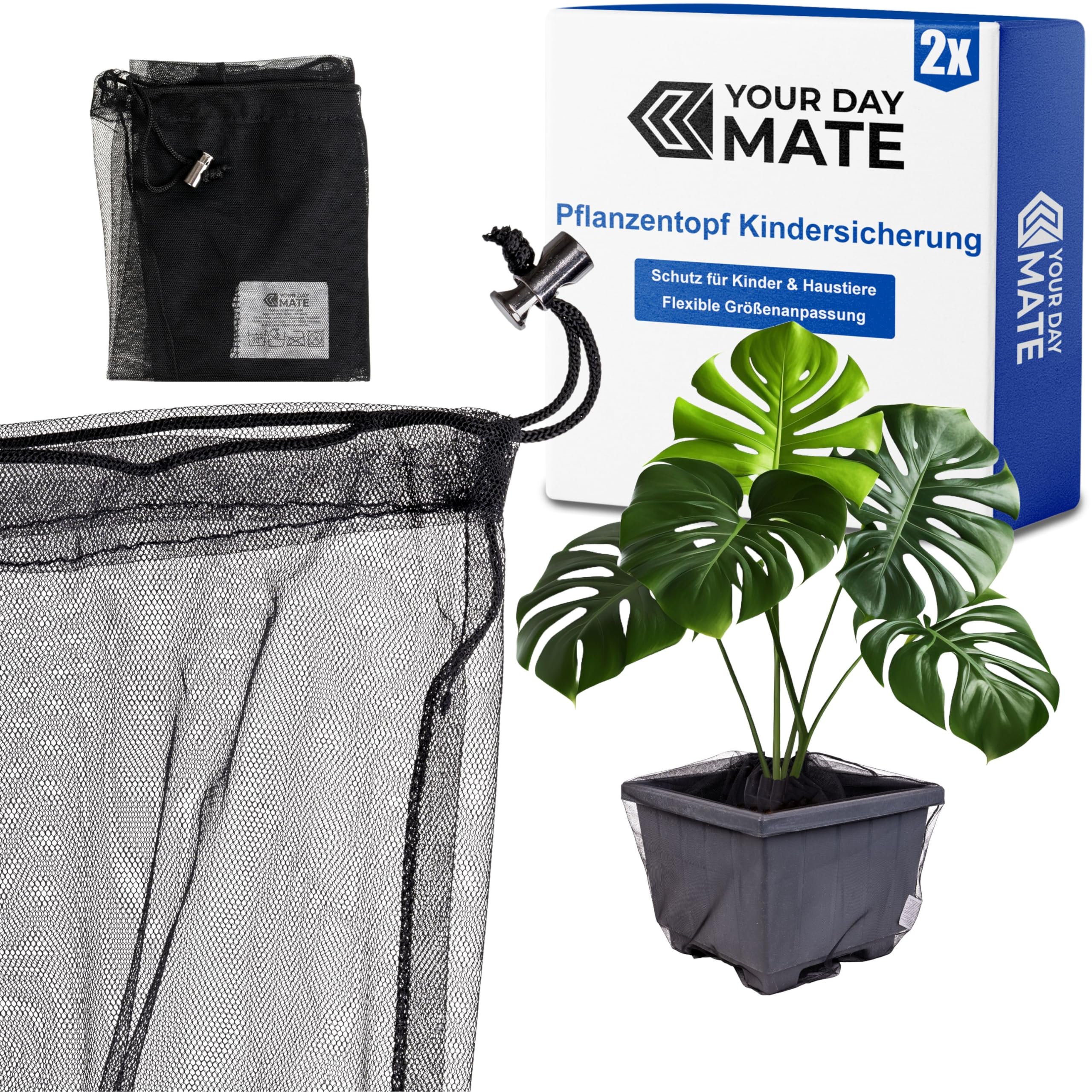 Kindersicherung für Zimmerpflanzen, 2 Stück, für bis Ø 40 cm Blumentöpfe, in Schwarz, aus Nylon, Pflanzenschutz Netz Babysicherung gegen Erde, Dünger, Topf Abdeckung hindert nicht beim Pflanzen gießen