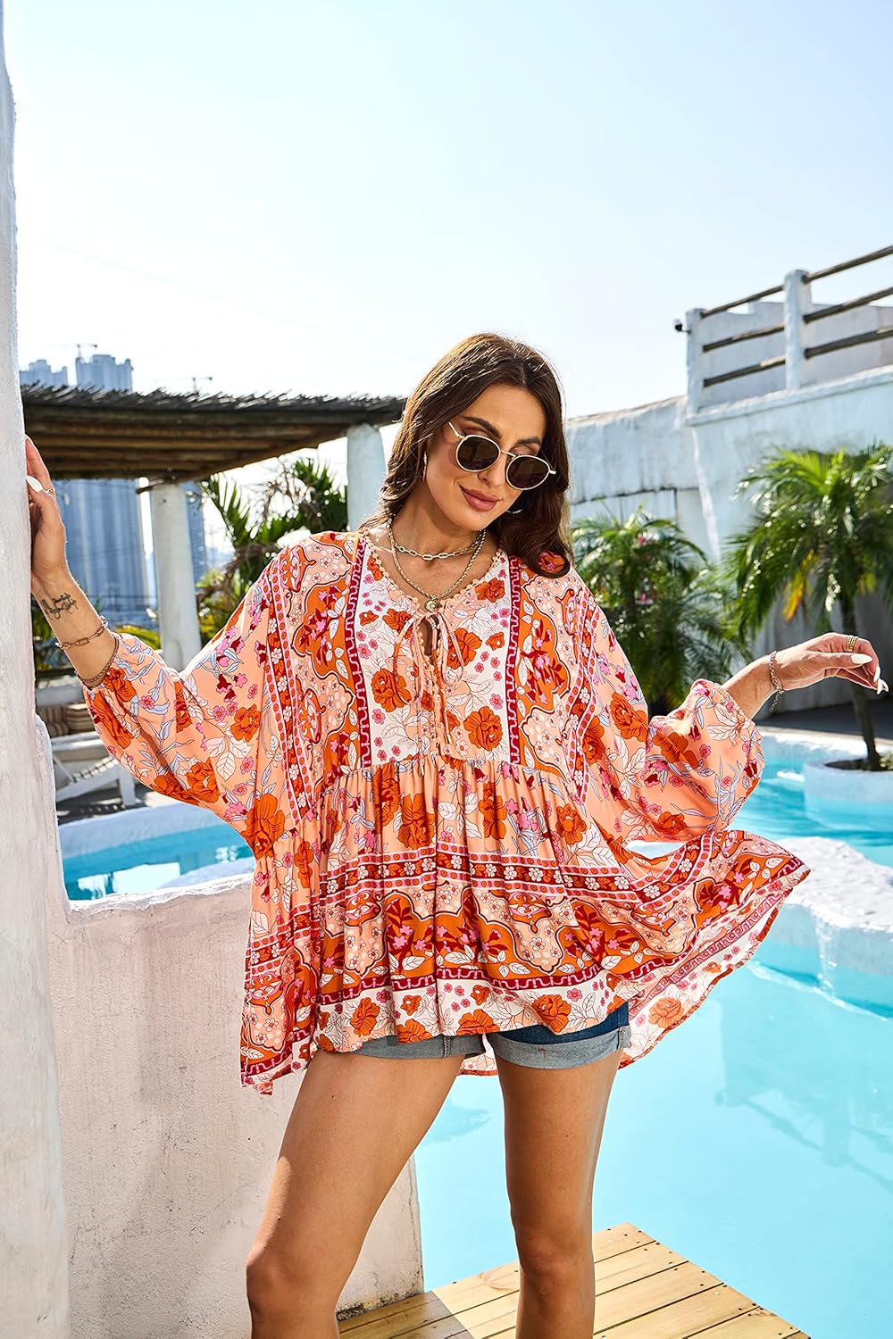 Women Boho V-Neck 3/4 Sleeves Tunic Top Relaxed Fit Casual Print Blouse - Image 3