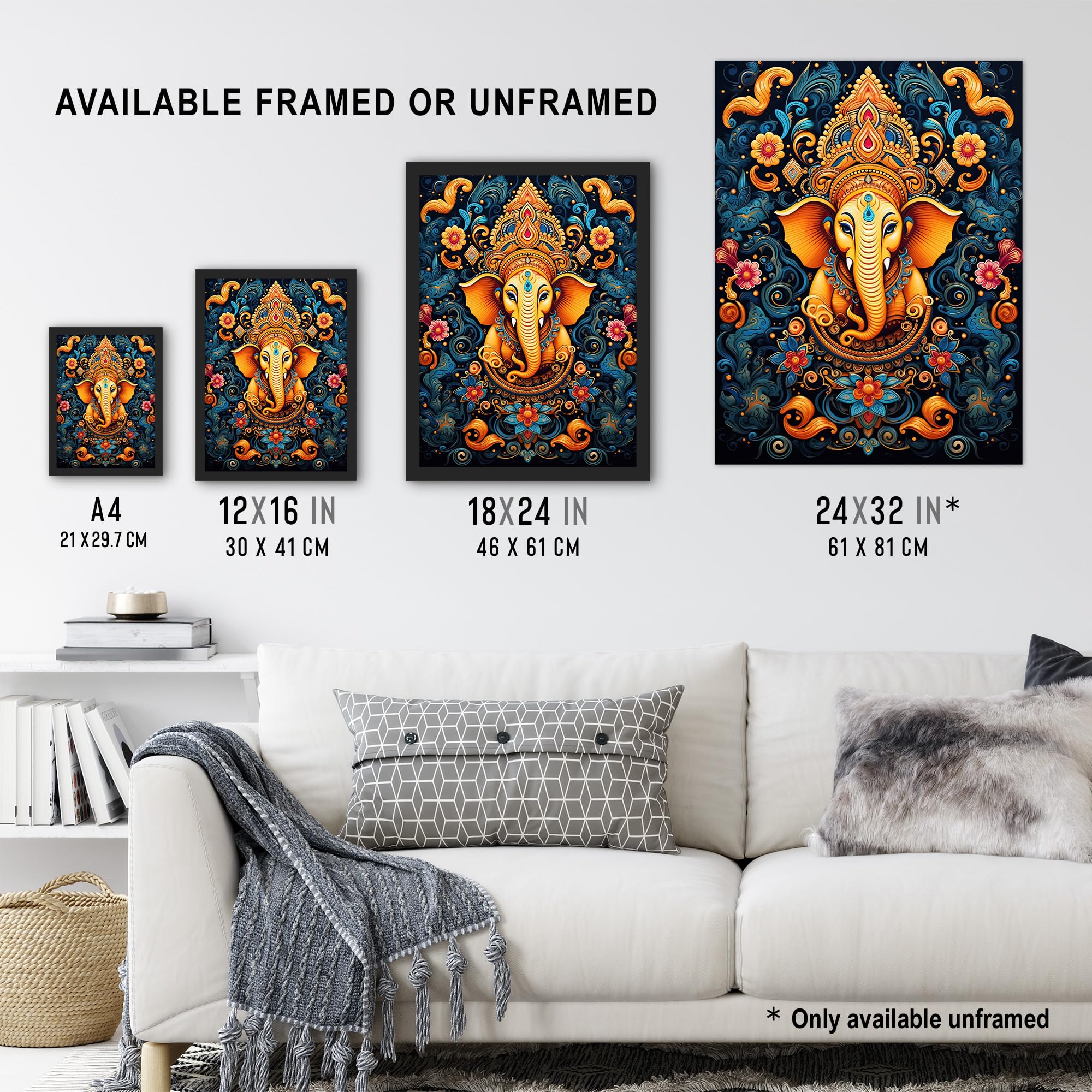 Artery8 Ganesha and Flowers Hindu Concept Art Orange Blue Vibrant Ornate Floral Pattern Design with Elephant Extra Large XL Wall Art Poster Print - Image 3