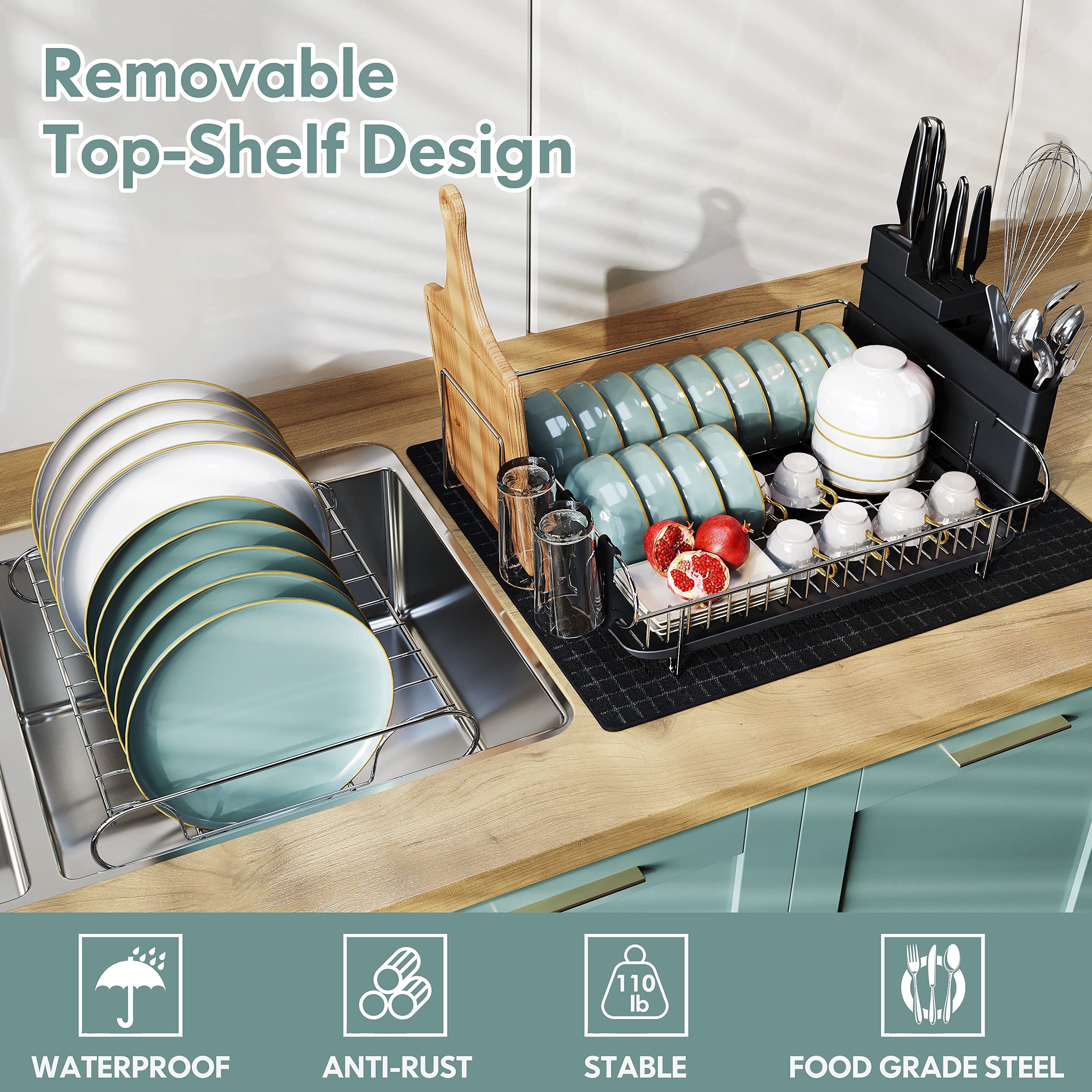 Large 2 Tier Dish Drying Rack, MAJALiS 304 Stainless Steel Dish Rack