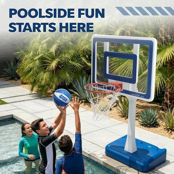 GoSports Splash Hoop Elite Swimming Pool Basketball Hoop Adjustable Height Poolside Basketball Goal with Heavy Duty Weighted Base, Regulation Rim & 2 Pool Basketballs
