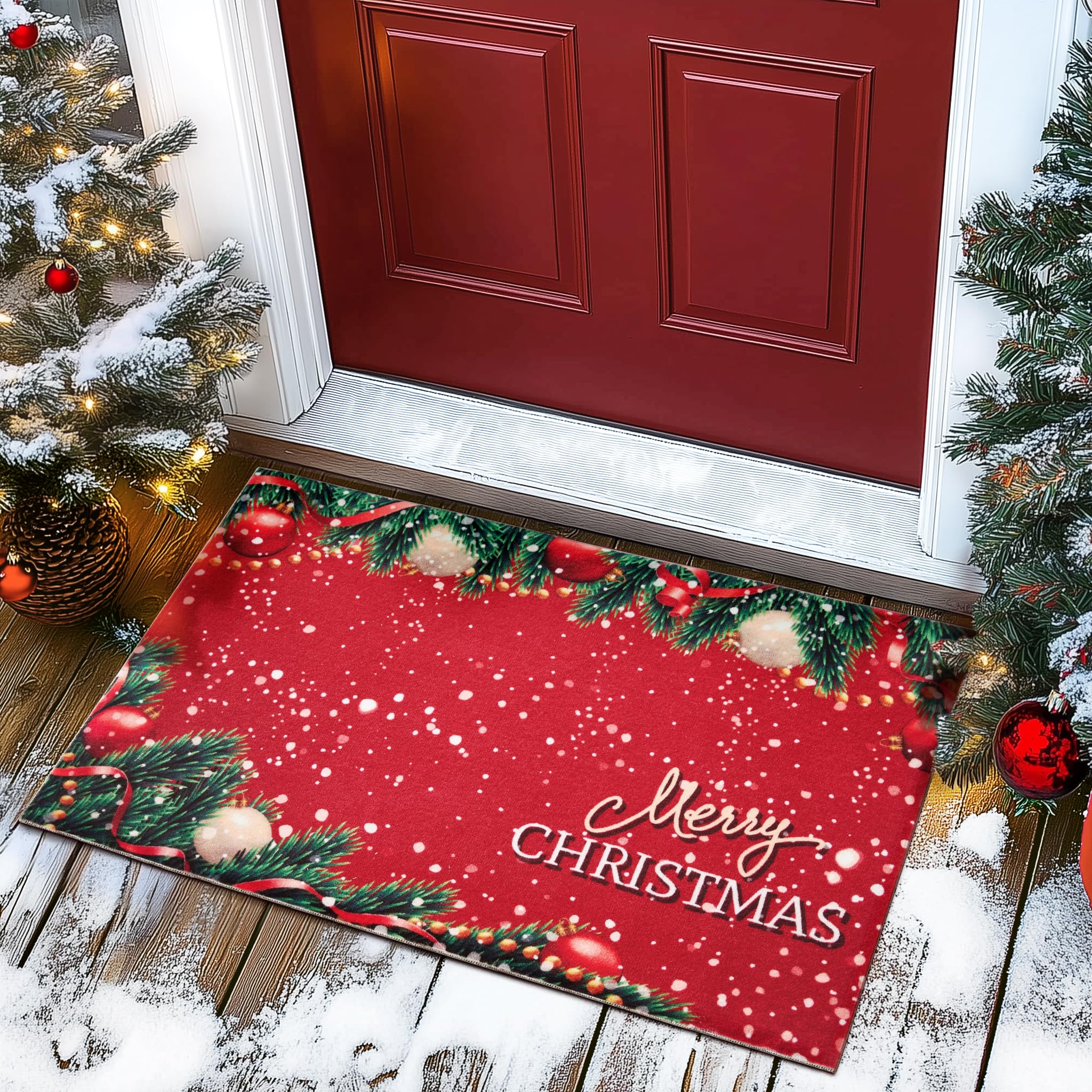 TYUU Christmas Doormat, Outdoor & Indoor Merry Christmas Door Mat Outside Holiday Door Mats for Front Door Entrances, 17"x30", Christmas Red