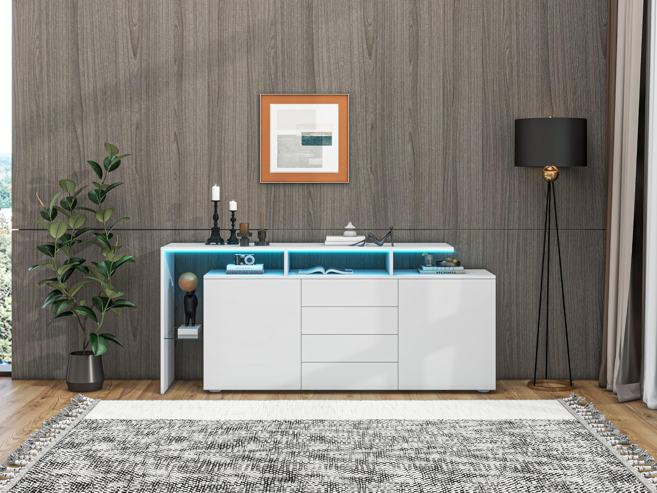 BTM Kommode, Sideboard mit LED, Wohnzimmermöbel in Weiß Hochglanz, Wohnzimmerschrank, Standschrank, TV-Schrank, Wohnzimmerwand, Highboard, Mehrzweckschrank, Buffetschrank Esszimmer