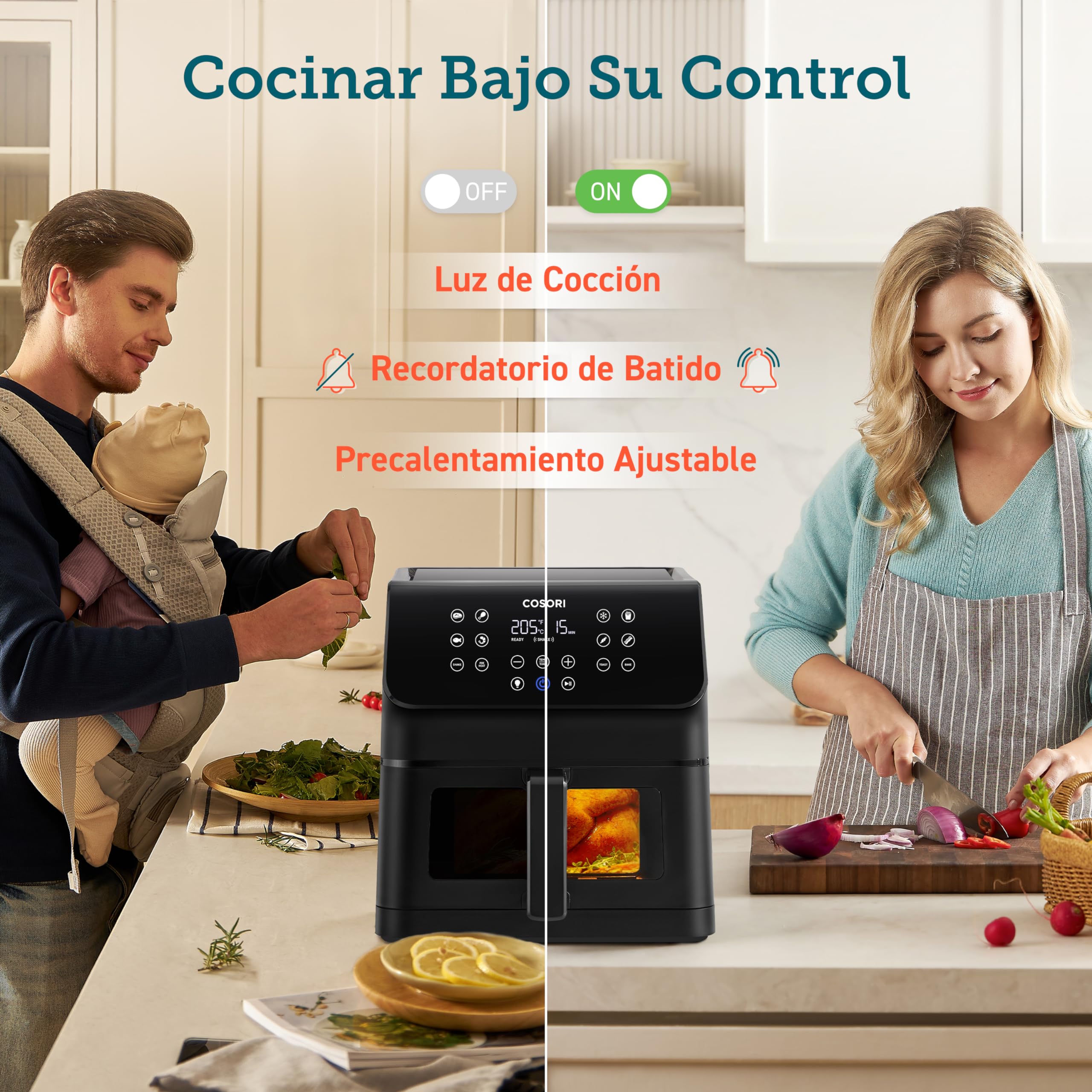 Cosori Freidora de Aire 6,2L con Ventana, 11 Modos, Fácil de Usar | Interior Metálico, con Tecnología Rapid Air, Menor Consumo Energético, Hasta 205°C y 60 Min, Apta para Lavavajillas