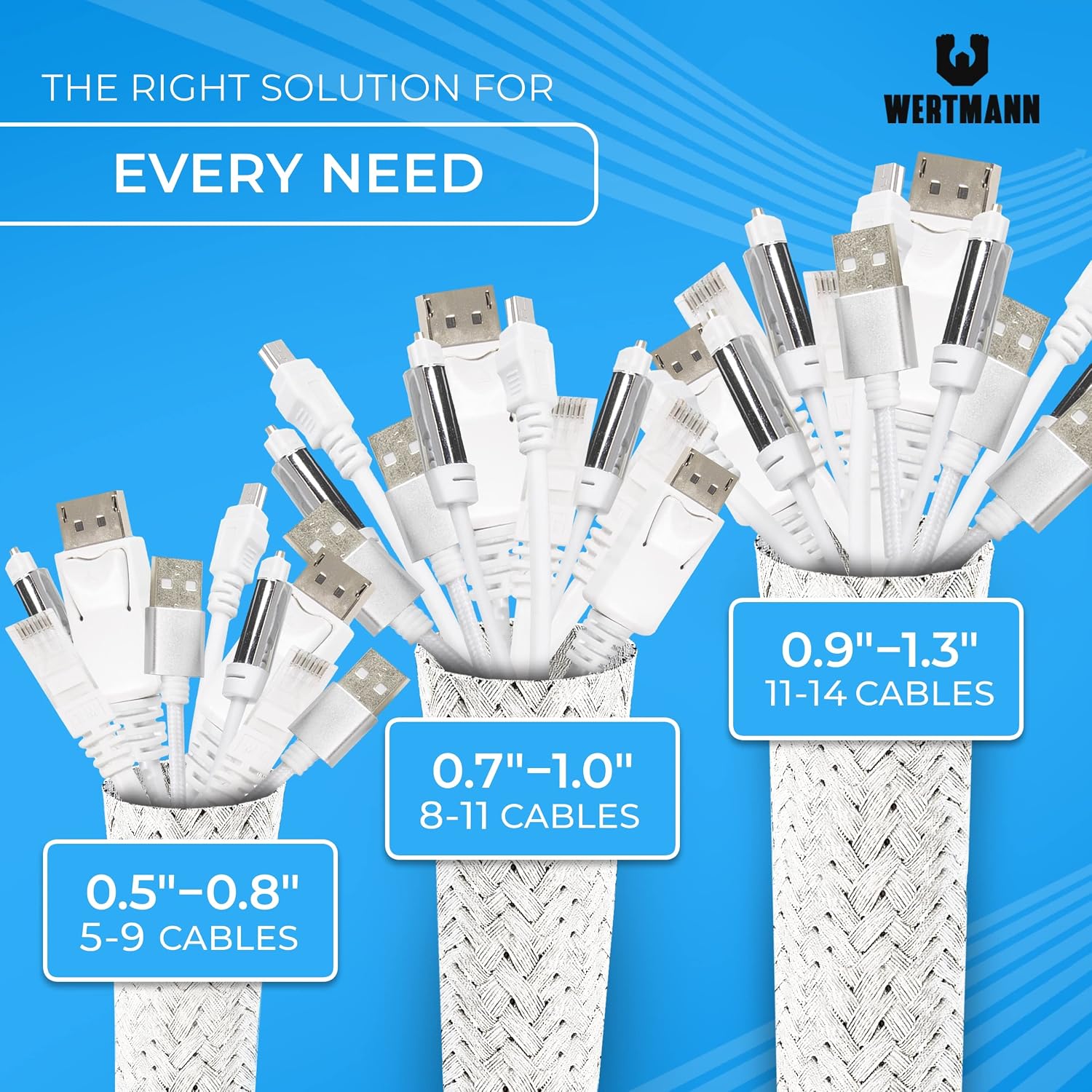 Wertmann woven white cable sleeve [10ft] - diameter adjusts [0.5-0.8in] - as TV wire sheathing or for the PC as plastic cover for electrical wires and cables, wire hiders for desk cord covers for pets