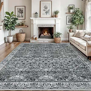 Moss Charcoal 9x12 Washable Rug, Vintage Floral Large Area Rug for Living Room Non-Slip Ultra Soft Bedroom Rugs Tribal Traditional Farmhouse Carpet for Dining Room Office Home Décor
