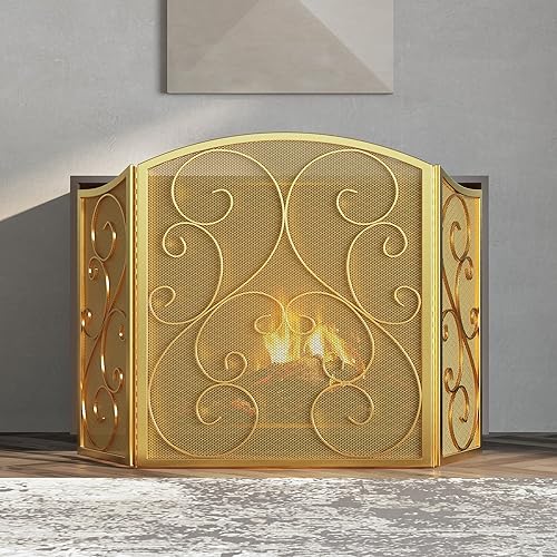 Miniatura 3 de Fire Beauty Pantalla de chimenea 3 paneles de hierro forjado de metal 48 pulgadas de largo x 30 pulgadas de alto, cubierta de protección contra