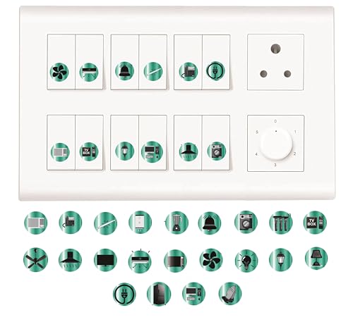 Image of Metallic Colour Switch Board Stickers for Home | 330 Labels with 22 Icons for Fan Light AC Fridge | Elegant Electric Switch Stickers for Button Labeling | Modular Switch Panels (Cyan)
