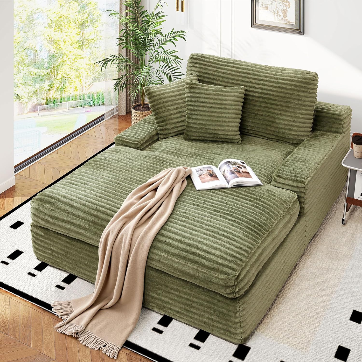 WorthFurni 57.5" Oversized Chaise Lounge Chair Indoor - Upholstered Sofa Bed with Cushions and Armrests Sleeper Chair - Plush Bed for Living Room(Green
