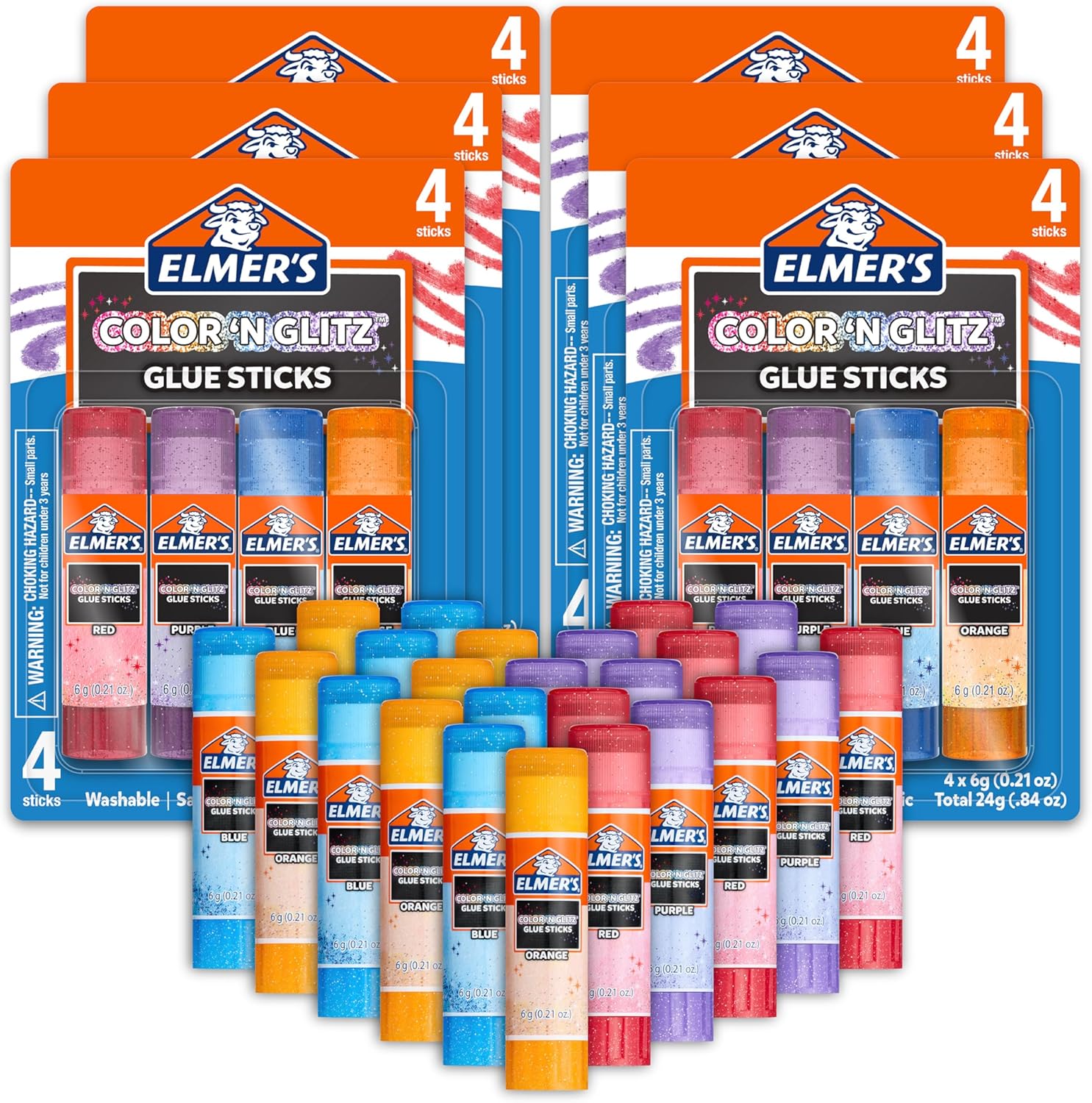Elmer’s Color 'n Glitz Glue Sticks, Washable, Assorted Colors, 24 Count (6 Packs of 4) - Creative Fun, Arts & Crafts, #1 Teacher Brand